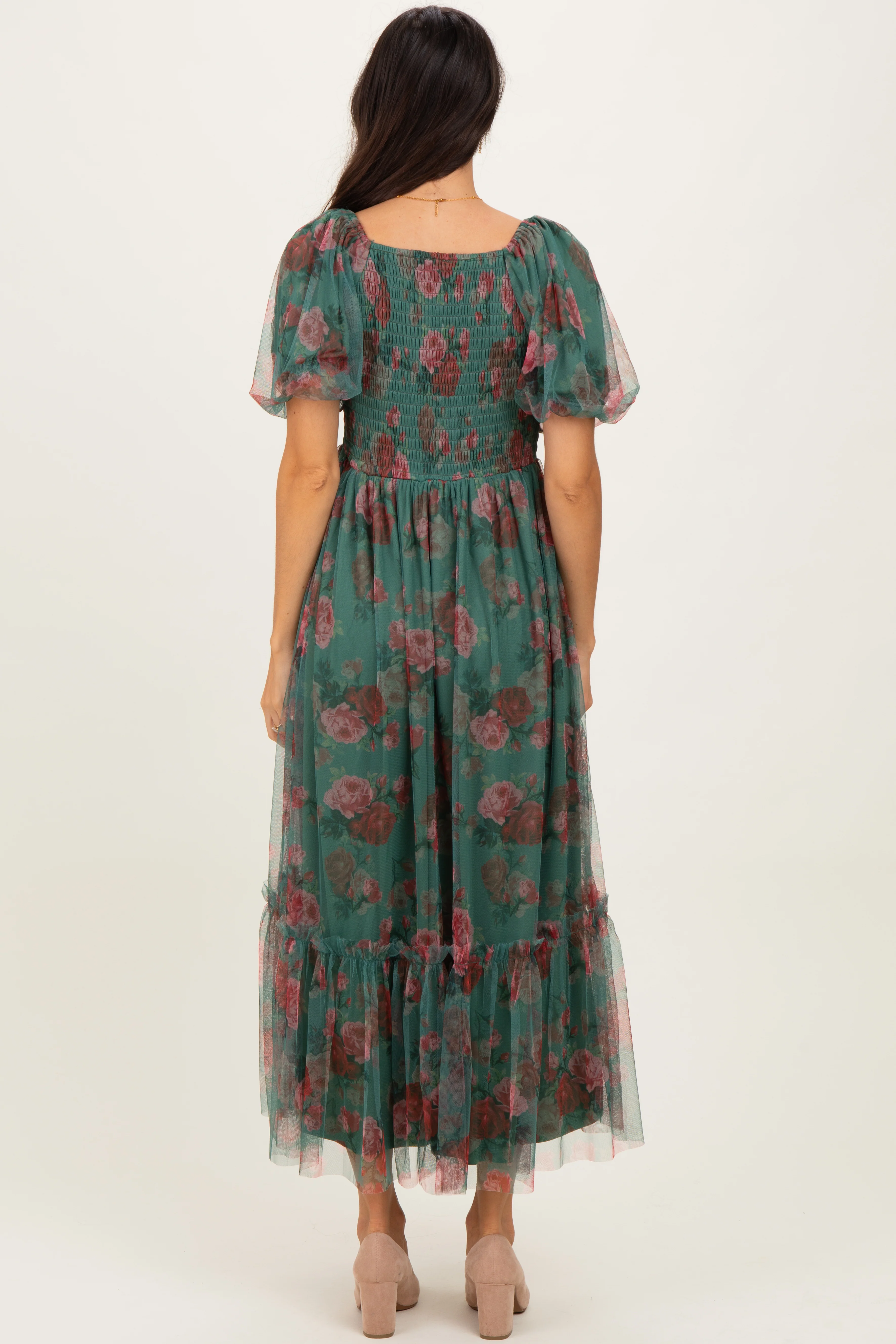 Forest Green Rose Print Tulle Overlay Midi Dress - Image 4