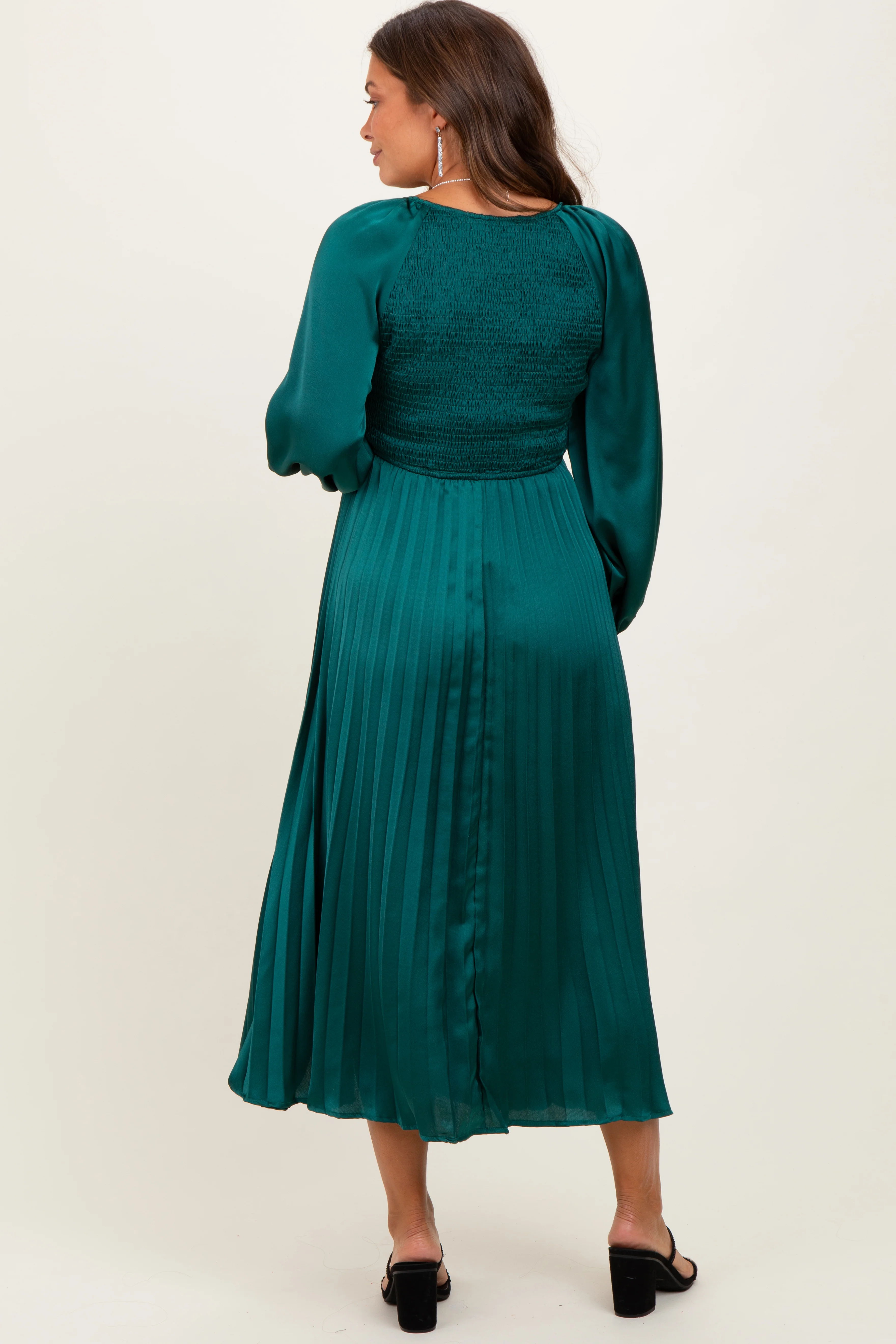 Forest Green Satin Smocked Pleated Maternity Midi Dress - Image 4