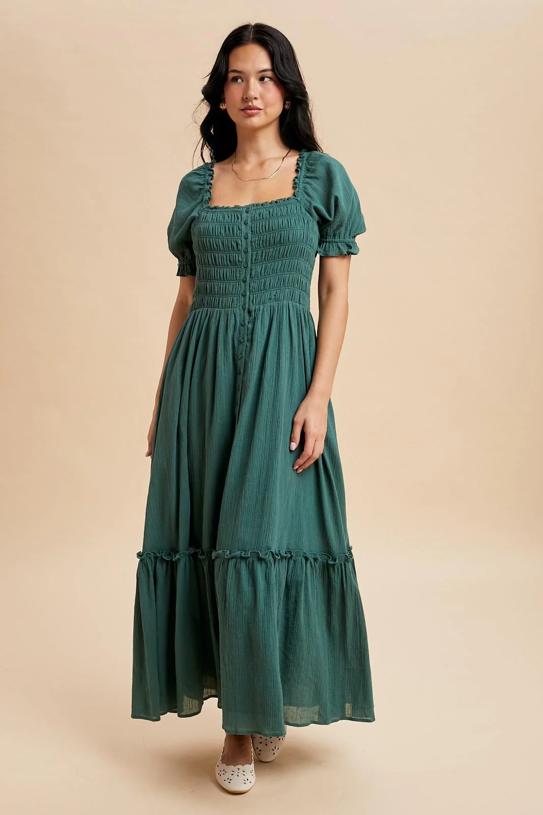 Forest Green Smocked Button Down Maxi Dress - Image 3