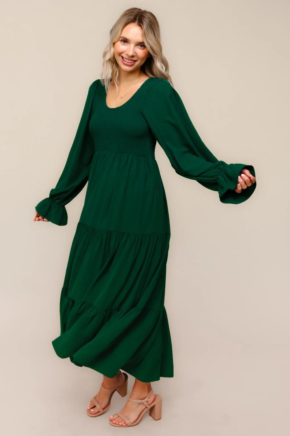 Forest Green Smocked Tiered Long Sleeve Maxi Dress - Image 5