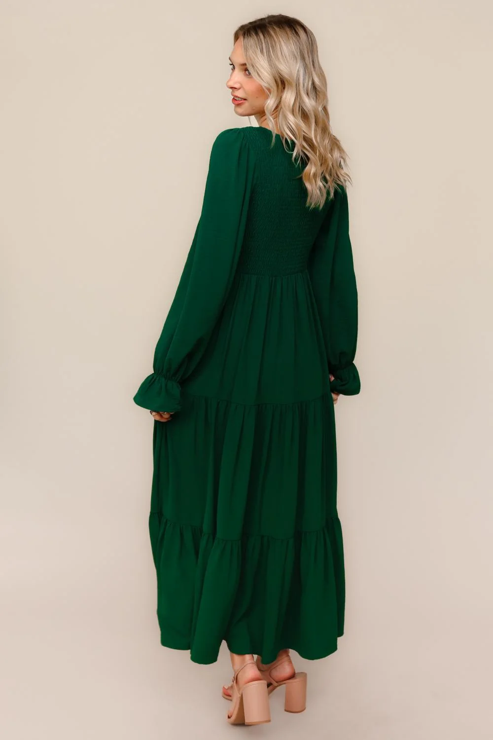 Forest Green Smocked Tiered Long Sleeve Maxi Dress - Image 6