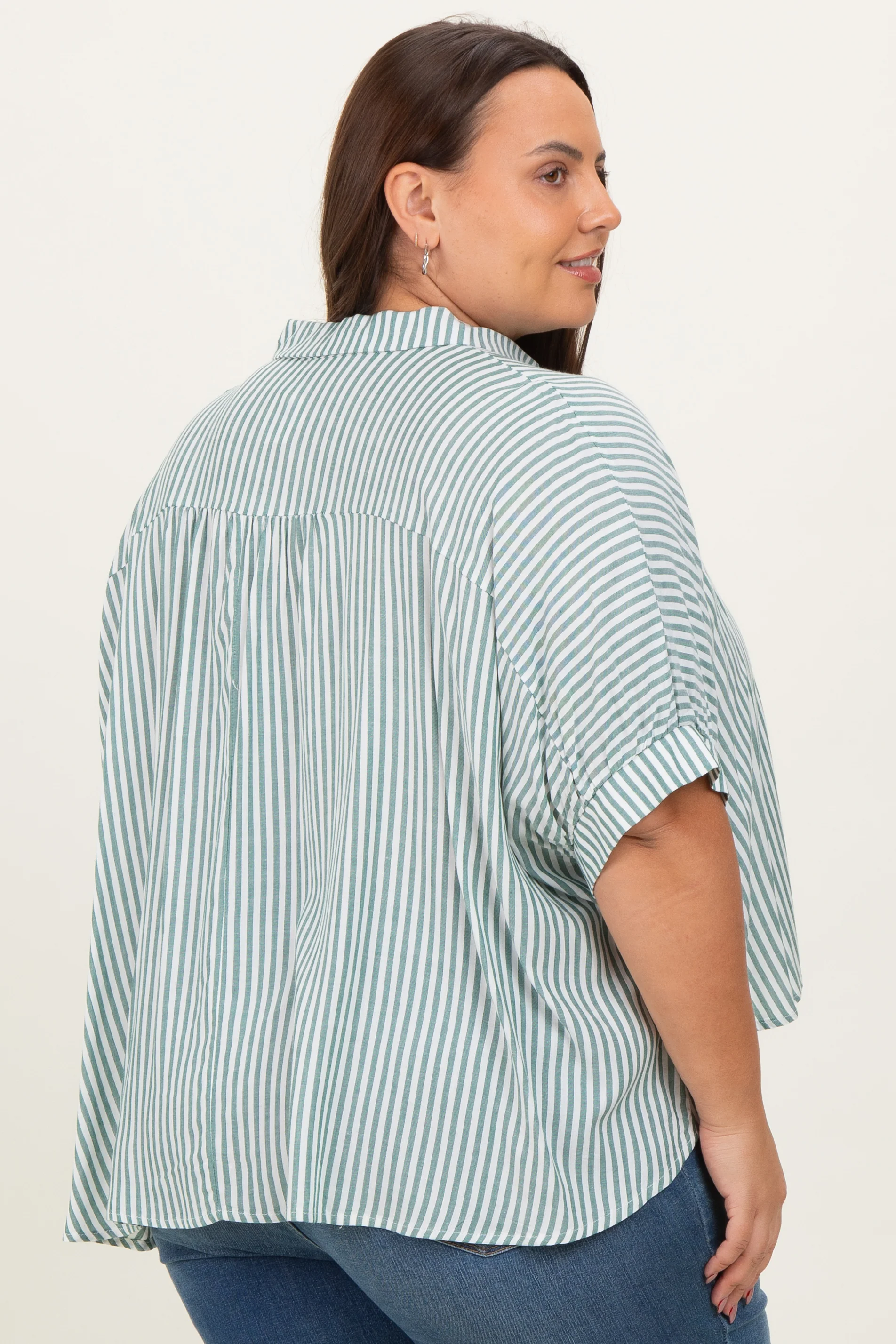Forest Green Striped Button Up Short Dolman Sleeve Plus Top - Image 4