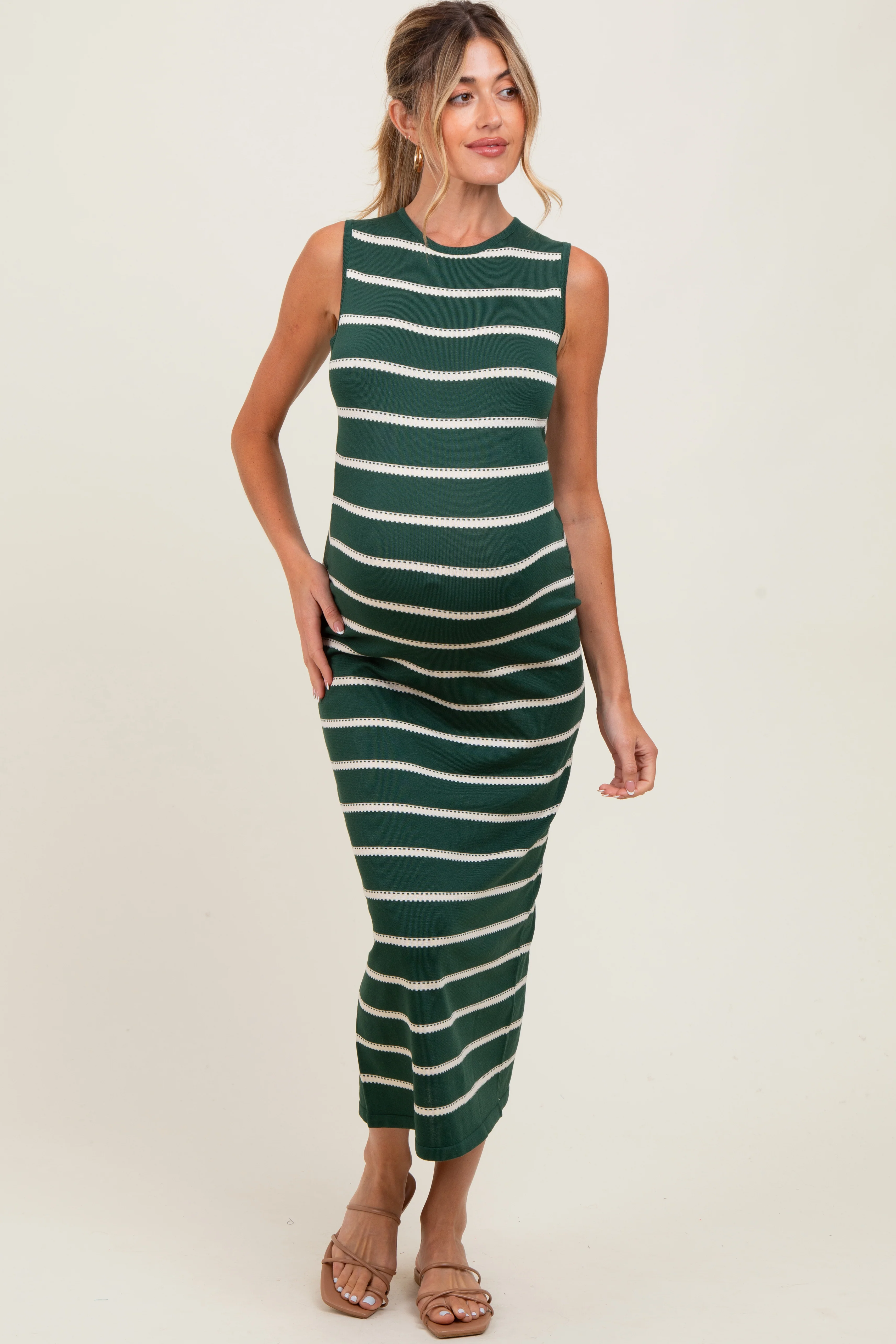 Forest Green Striped Sleeveless Knit Maternity Midi Dress - Image 2