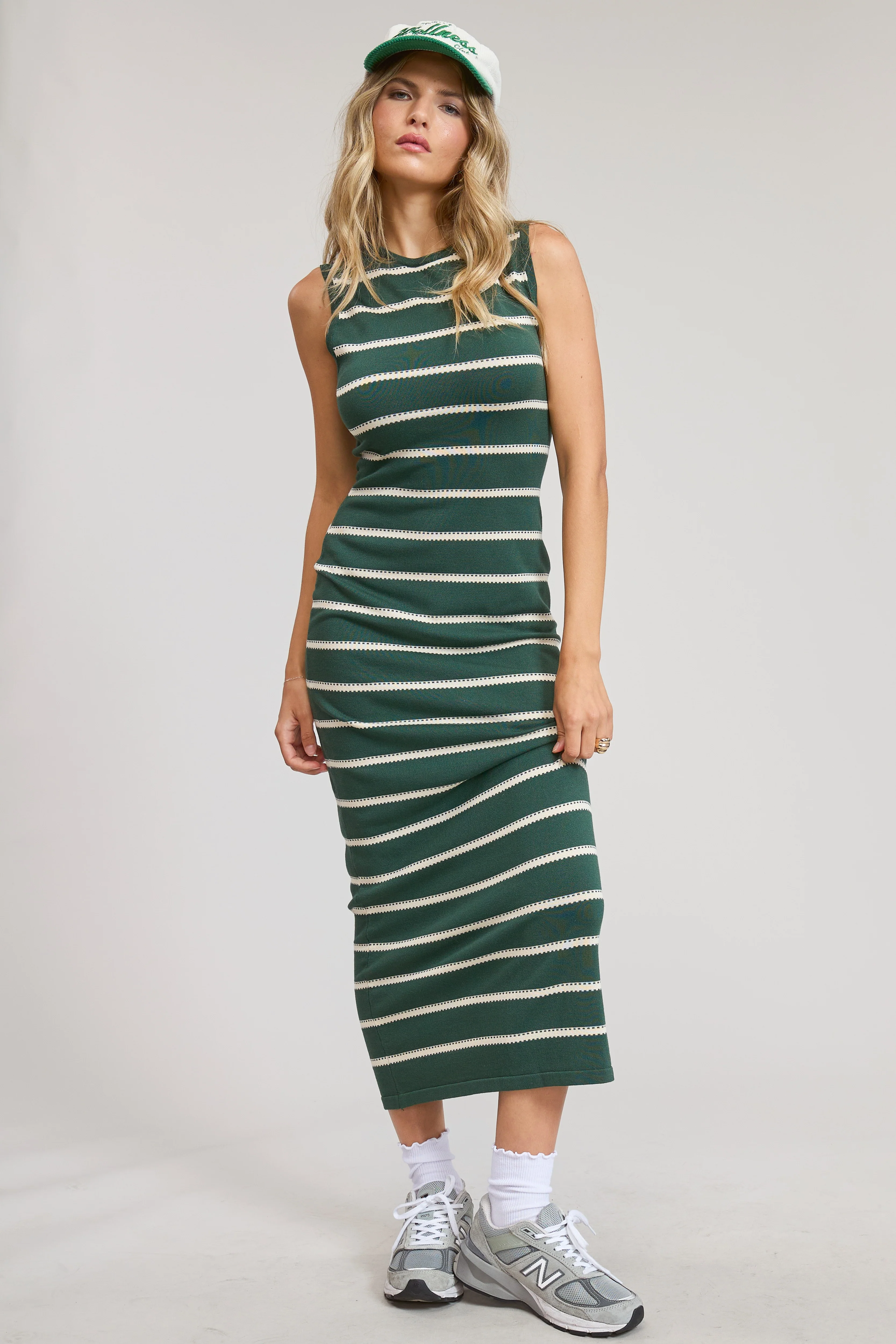 Forest Green Striped Sleeveless Knit Maternity Midi Dress - Image 5