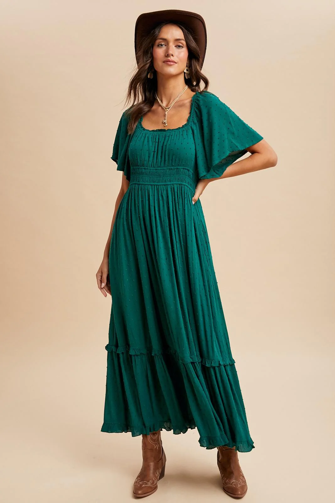 Forest Green Swiss Dot Ruffle Trim Maxi Dress - Image 2