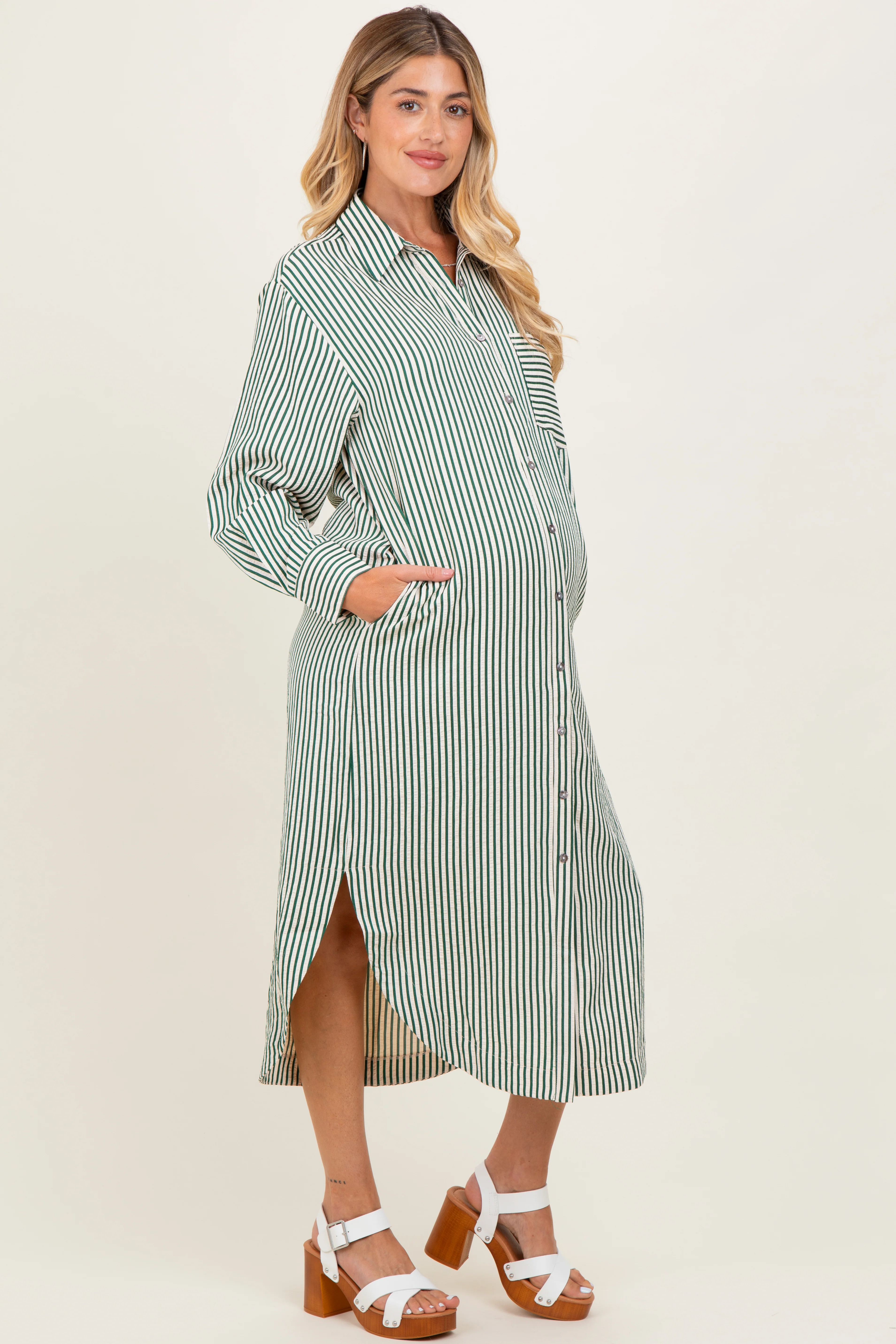 Forest Green Textured Stripe Button Down Maternity Shirt Dress - Image 3