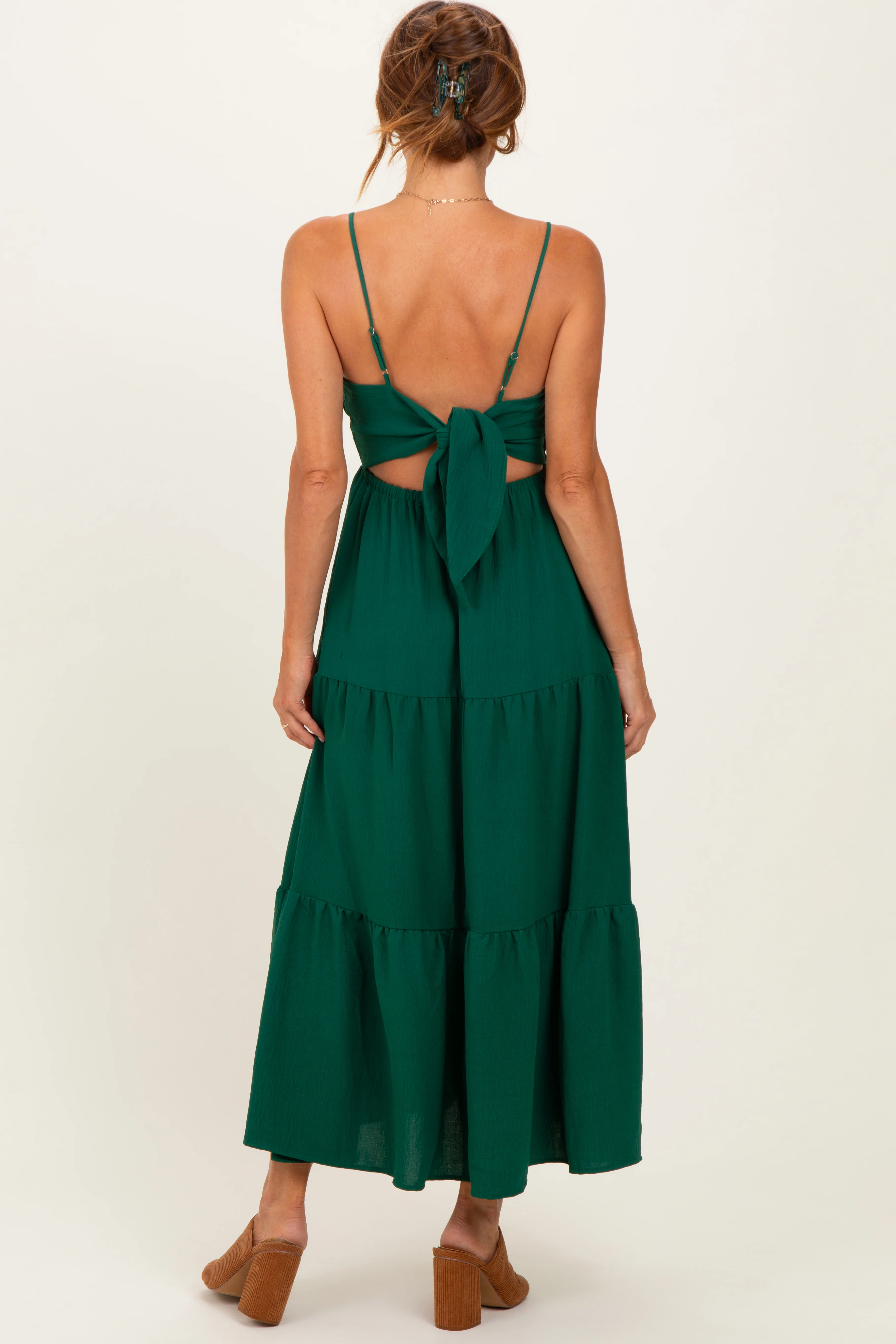 Forest Green Tiered Cutout Tie Back Midi Dress - Image 4