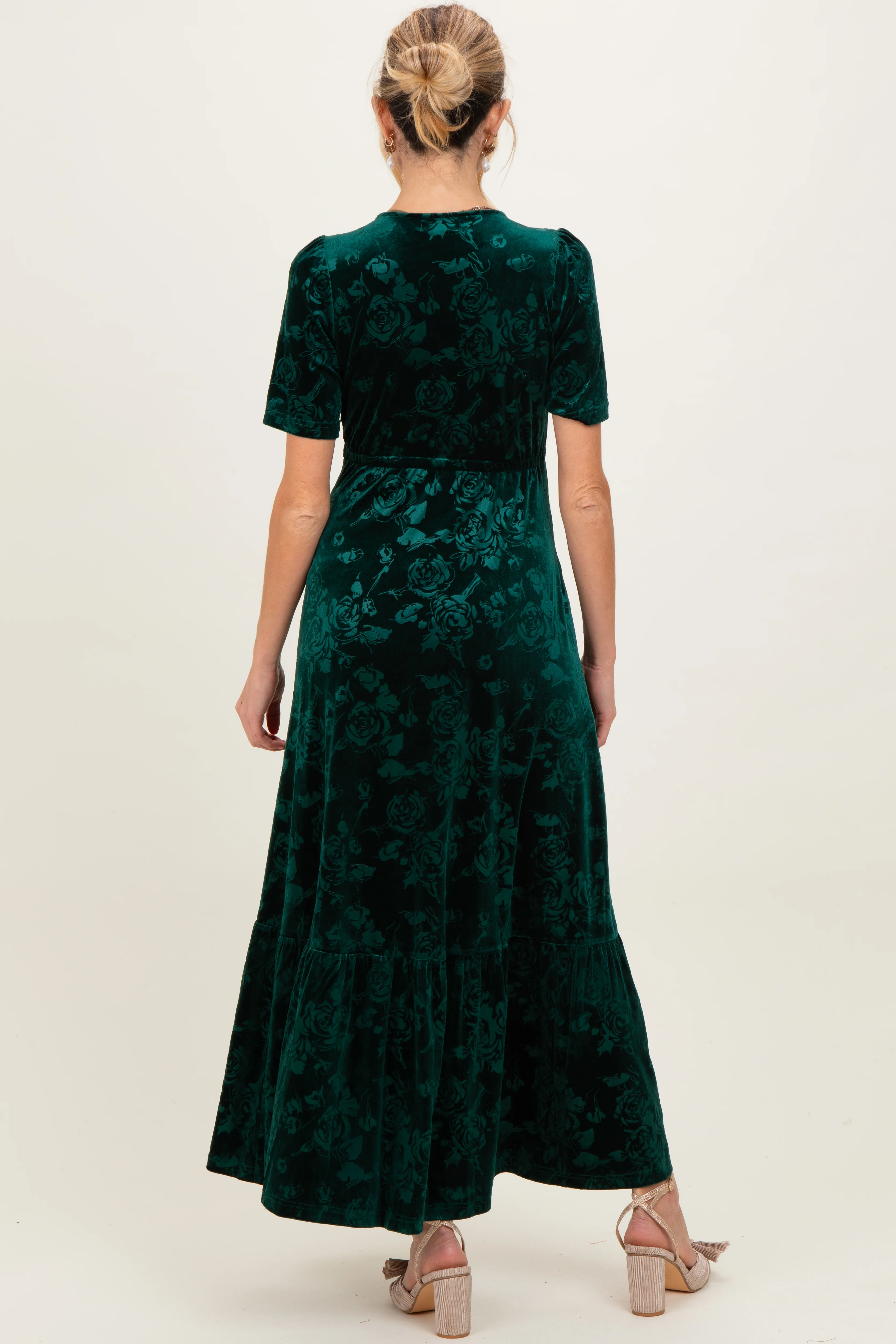 Forest Green Velvet Floral Button Down Maternity Maxi Dress - Image 4