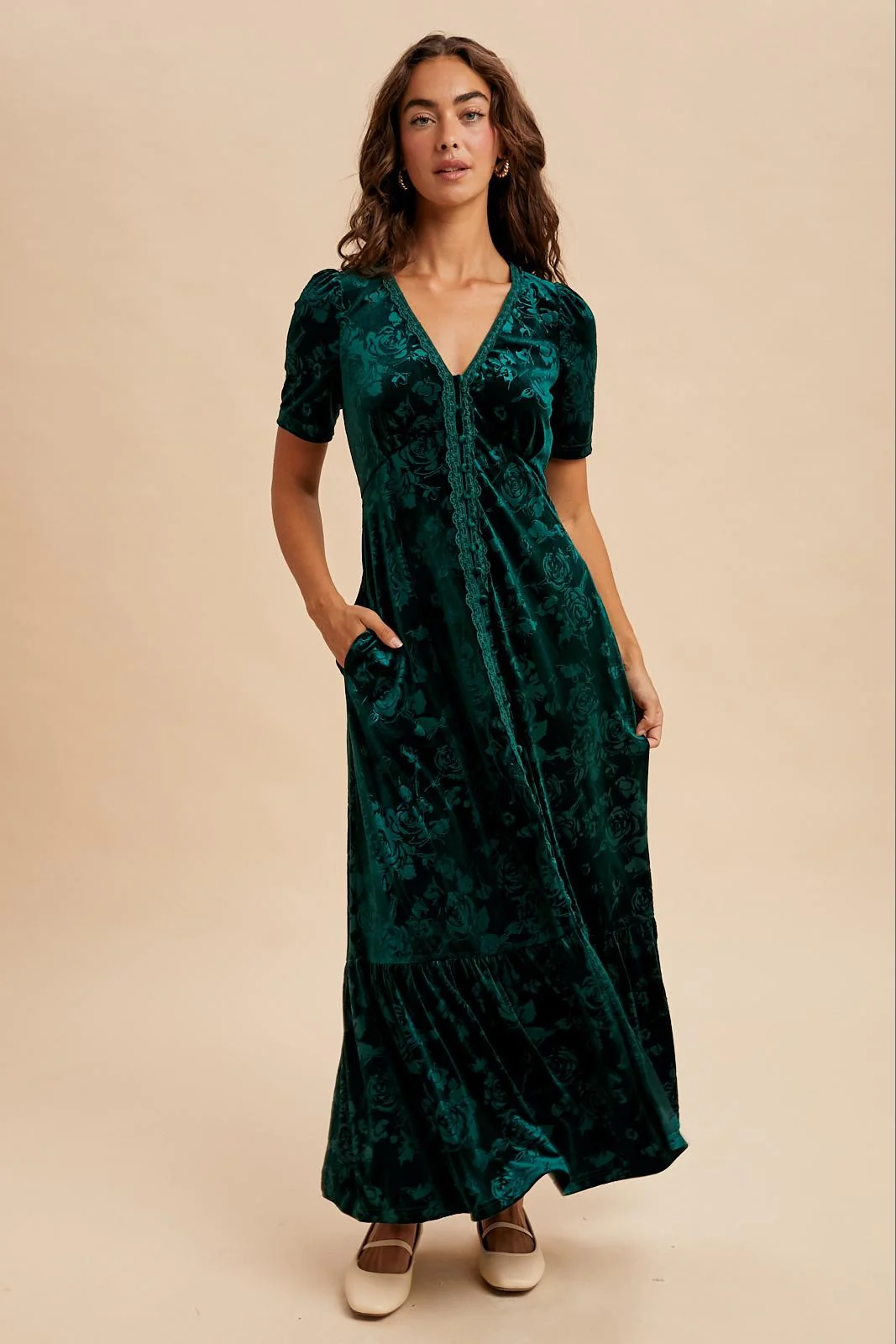 Forest Green Velvet Floral Button Down Maxi Dress - Image 2