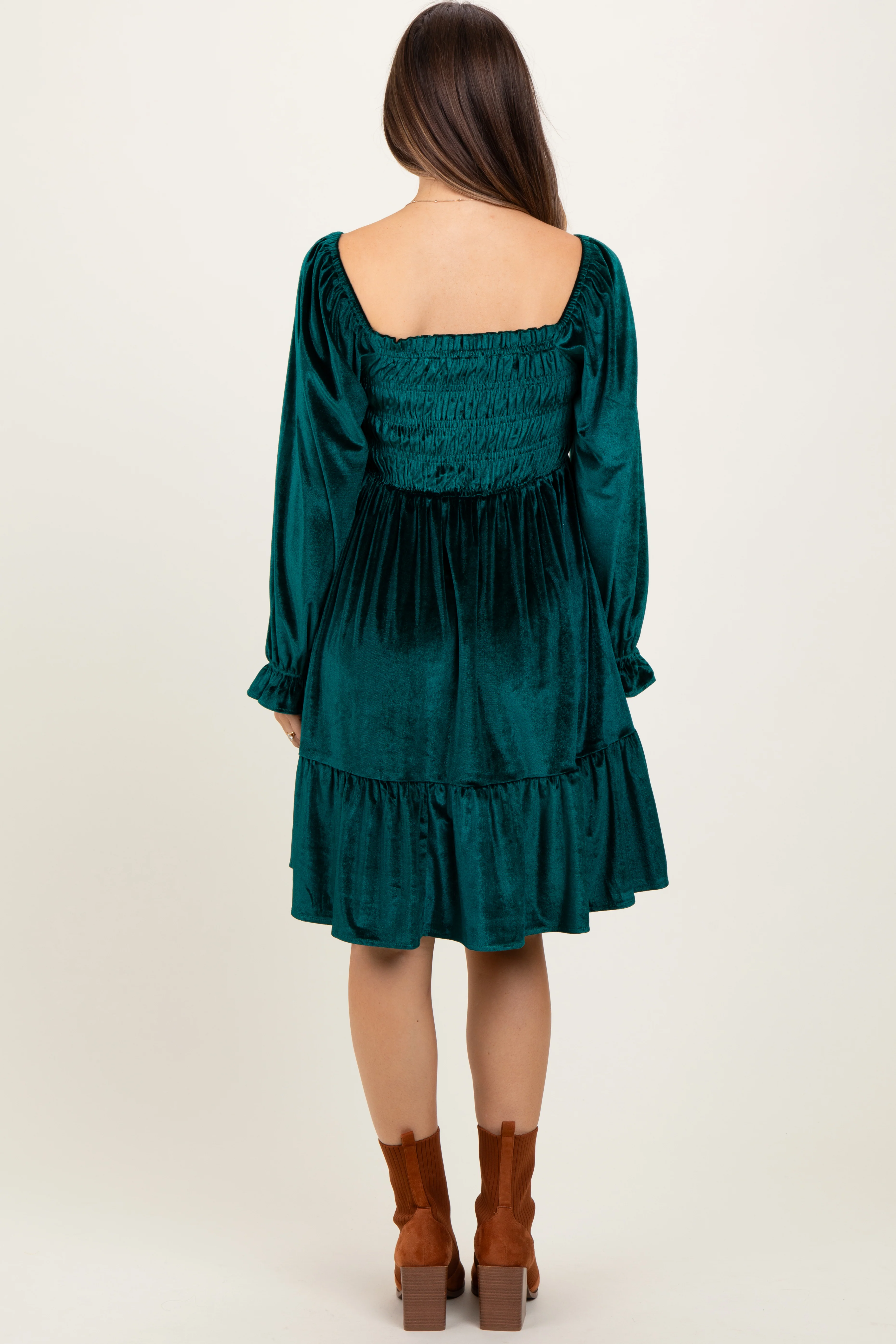 Forest Green Velvet Smocked Long Sleeve Maternity Dress - Image 3