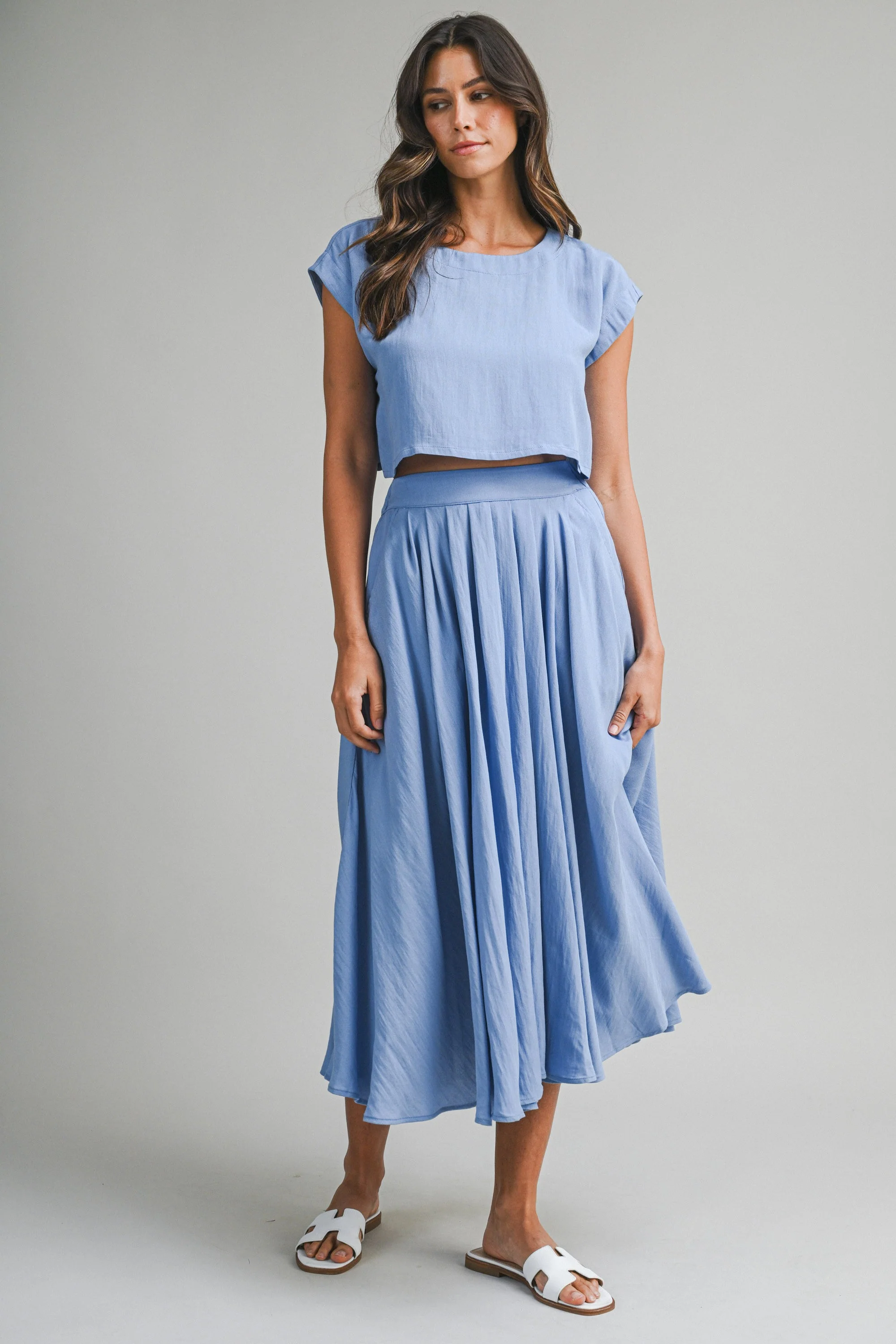 French Blue Crop Top Midi Skirt Set