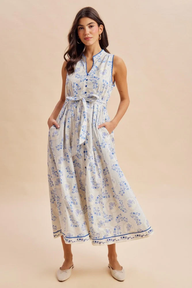 French Blue Floral Button Up Tie Waist Maternity Midi Dress - Image 4