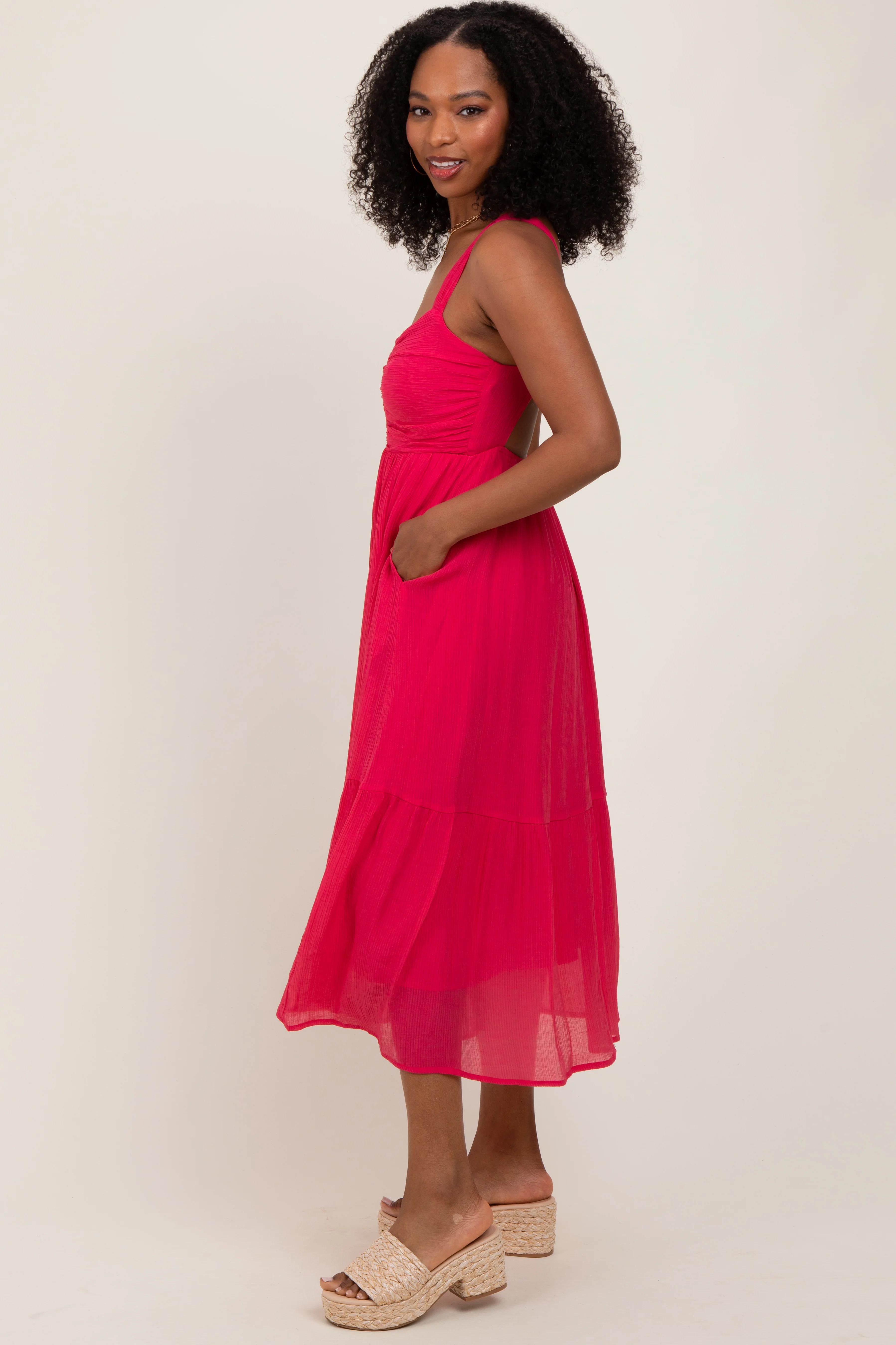 Fuchsia Cinched Bust Cutout Midi Dress - Image 3