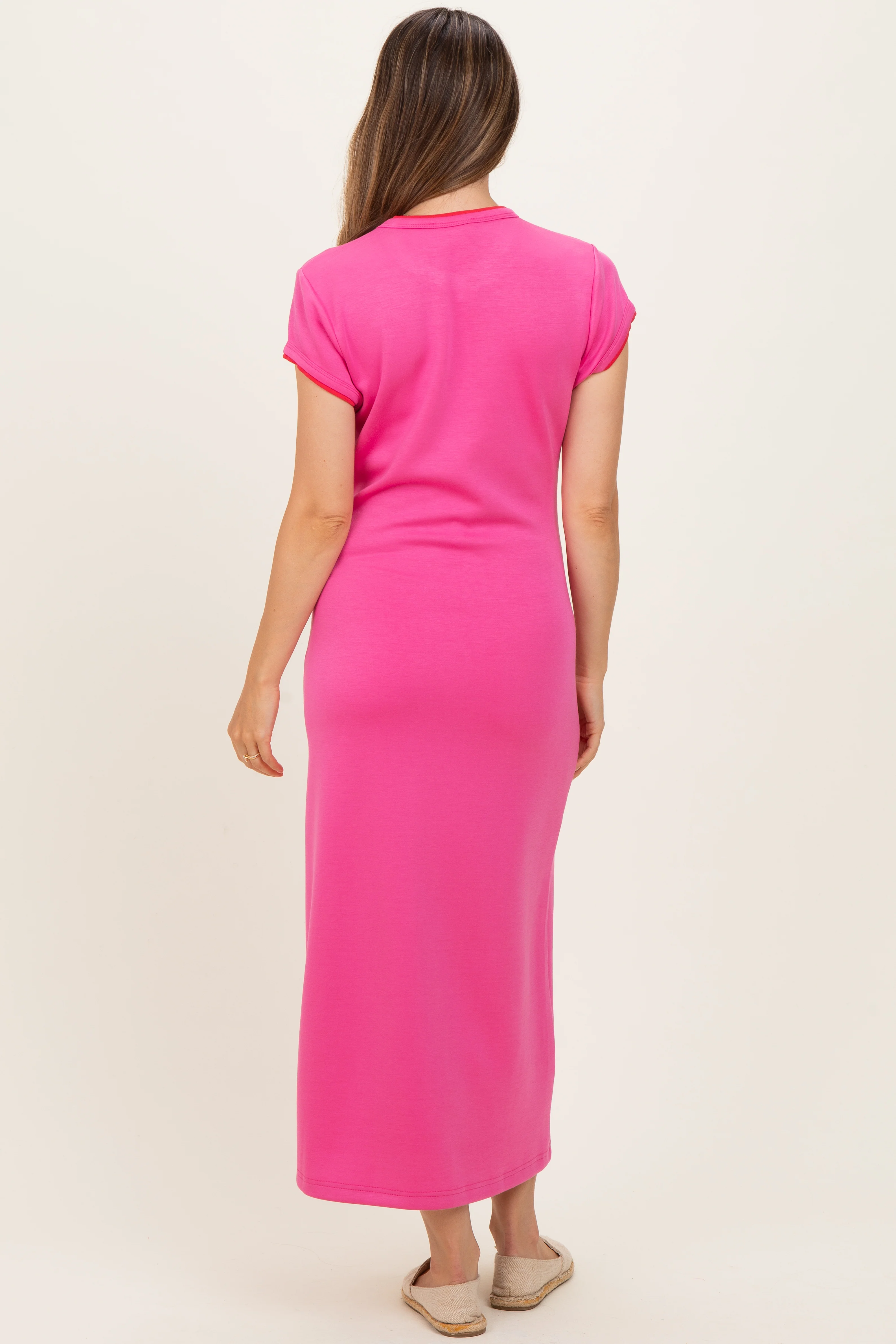 Fuchsia Contrast Trim Short Sleeve Maternity Midi Dress - Image 3