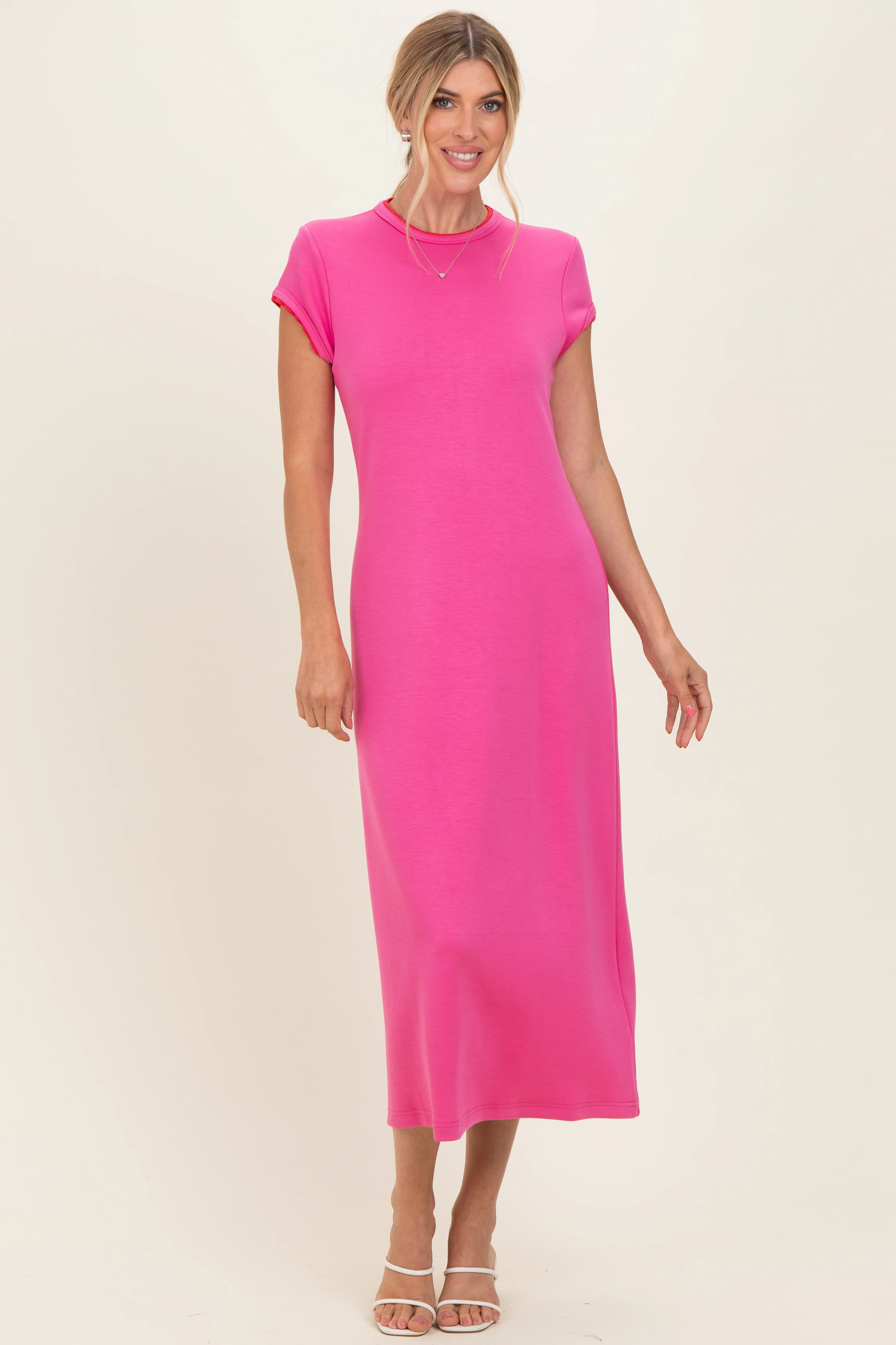 Fuchsia Contrast Trim Short Sleeve Maternity Midi Dress - Image 4
