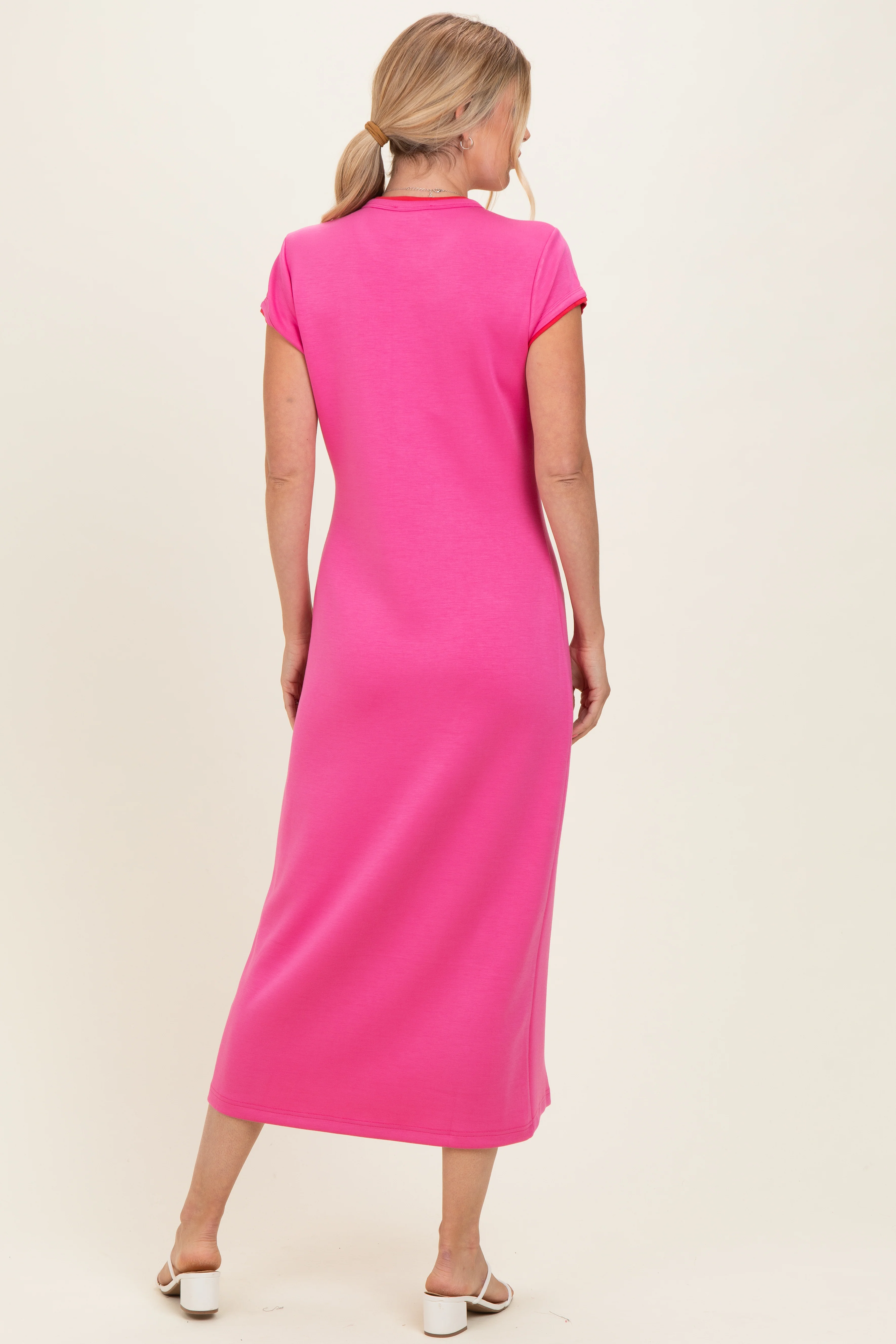 Fuchsia Contrast Trim Short Sleeve Midi Dress - Image 3