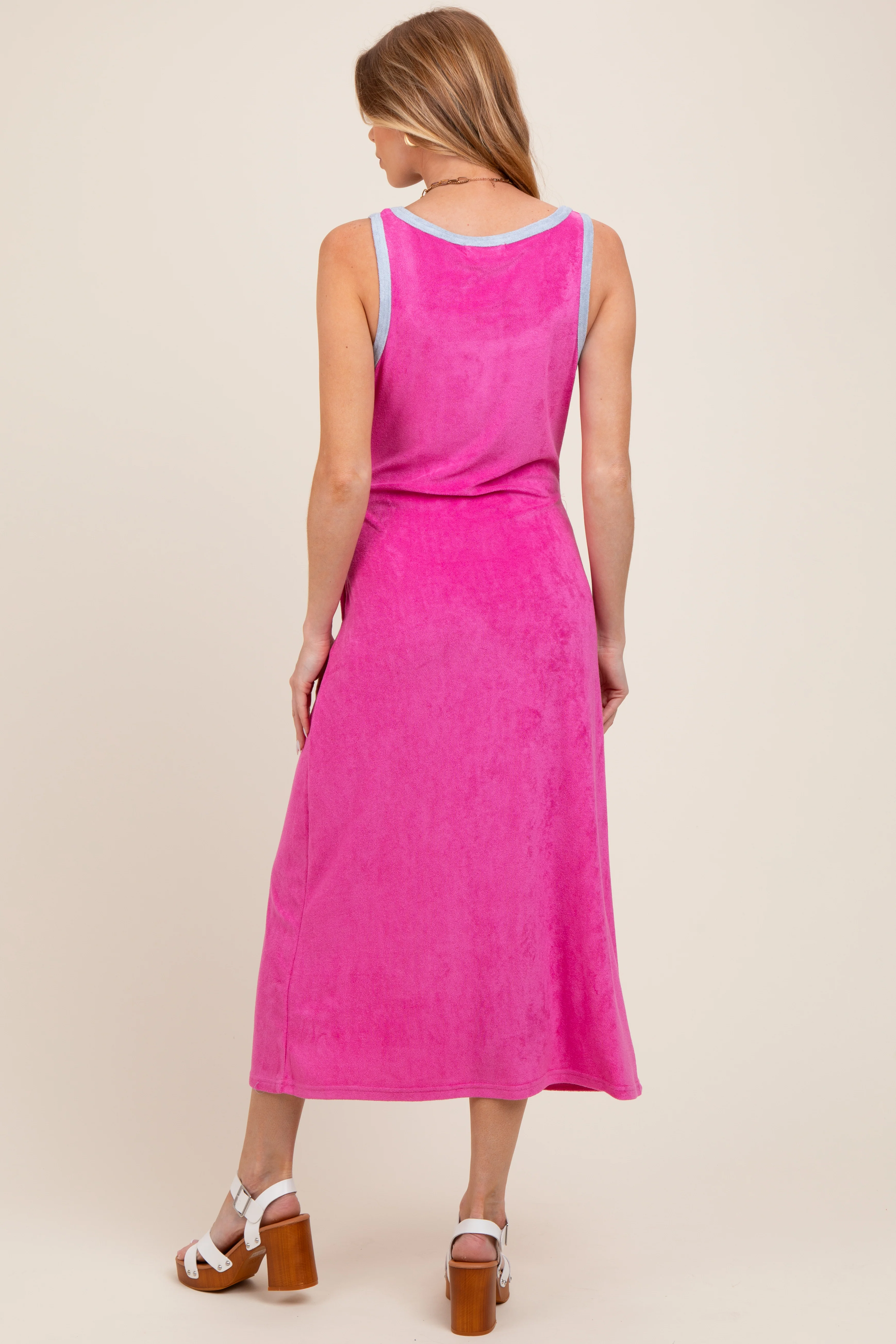 Fuchsia Contrast Trim Terry Knit Sleeveless Maternity Dress - Image 3