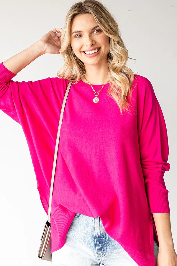 Fuchsia Dolman Sleeve Side Slit Maternity Sweater - Image 6