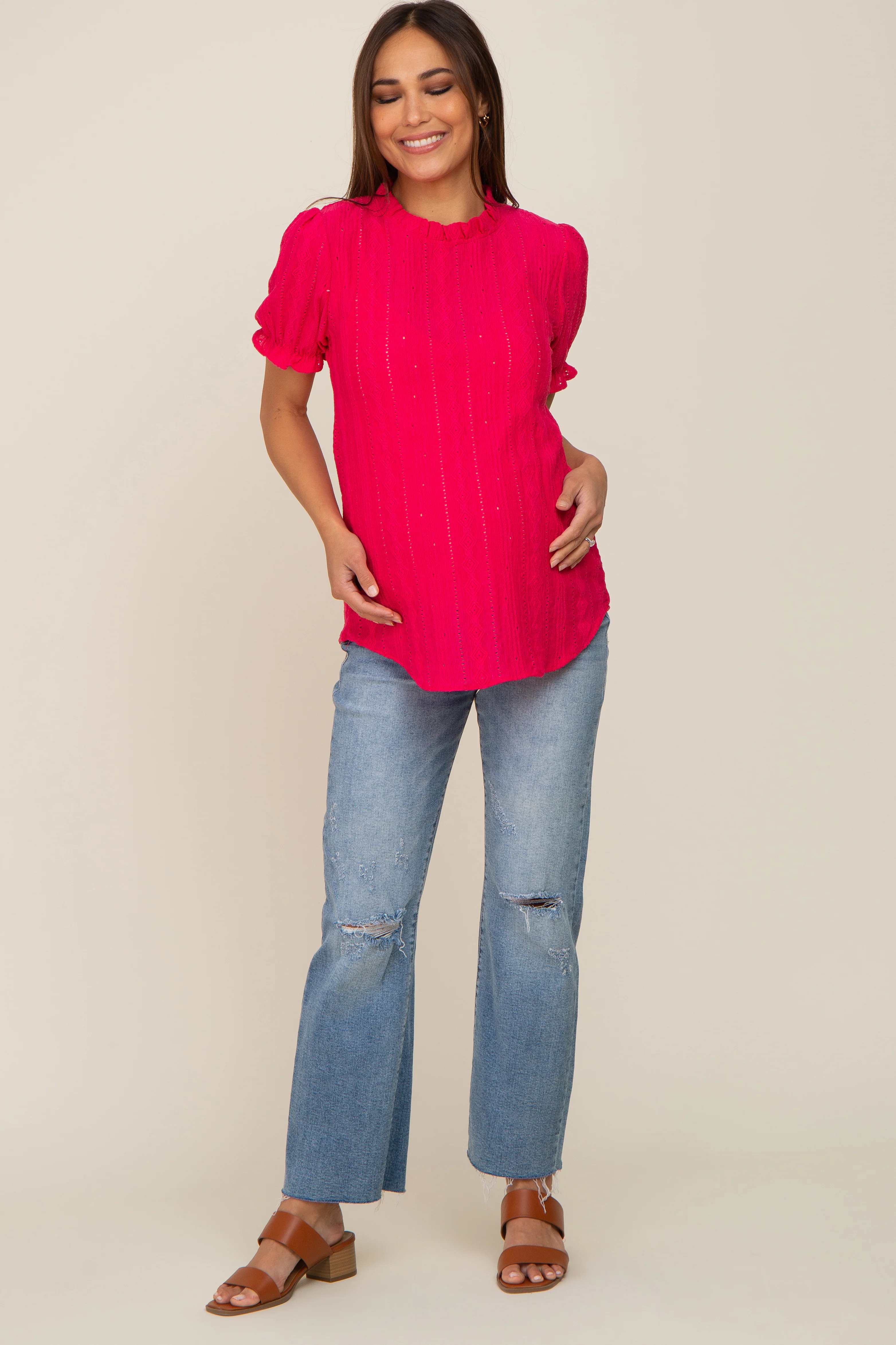 Fuchsia Eyelet Textured Mock Neck Maternity Top - Image 4