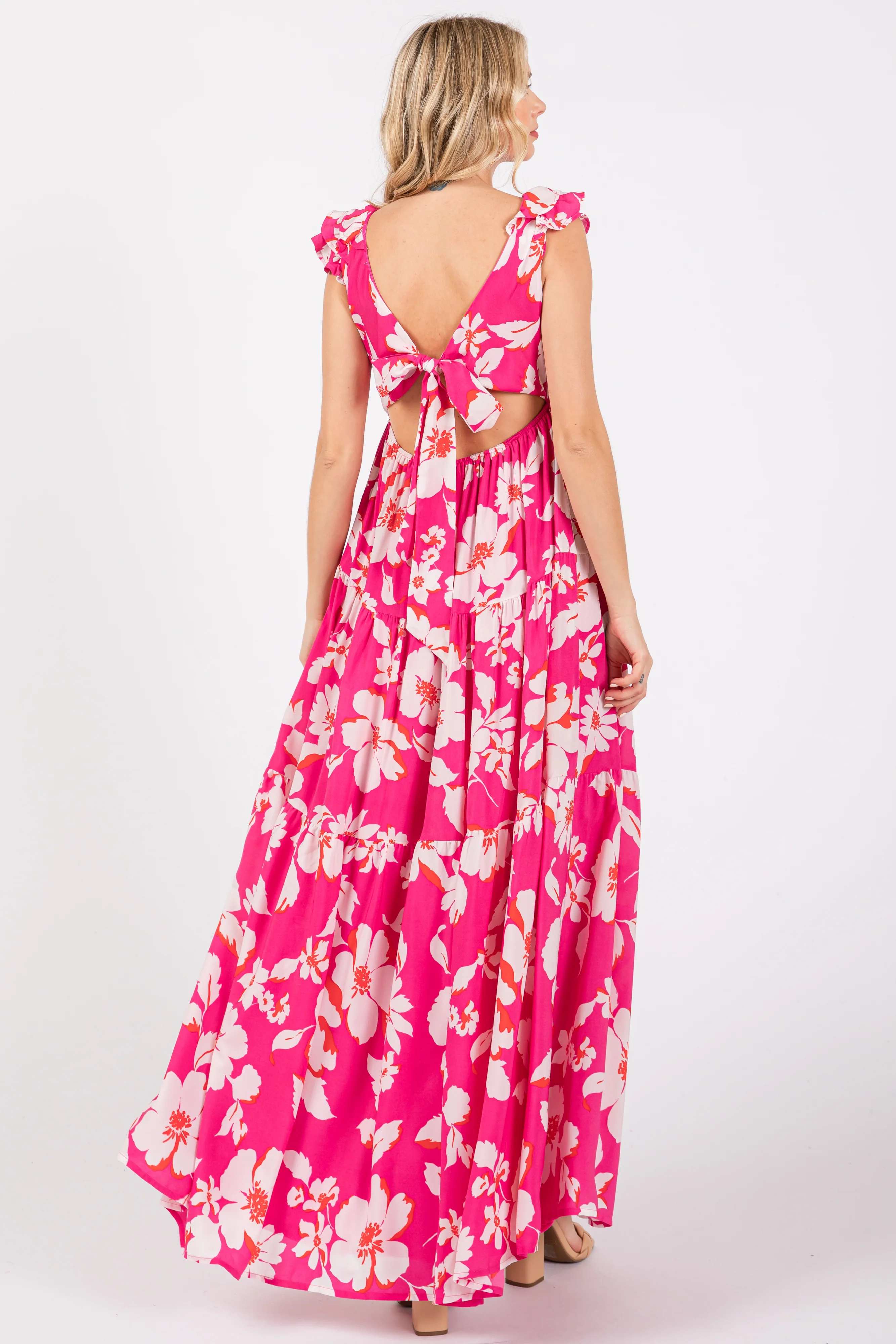 Fuchsia Floral Deep V-Neck Open Back Maxi Dress - Image 3