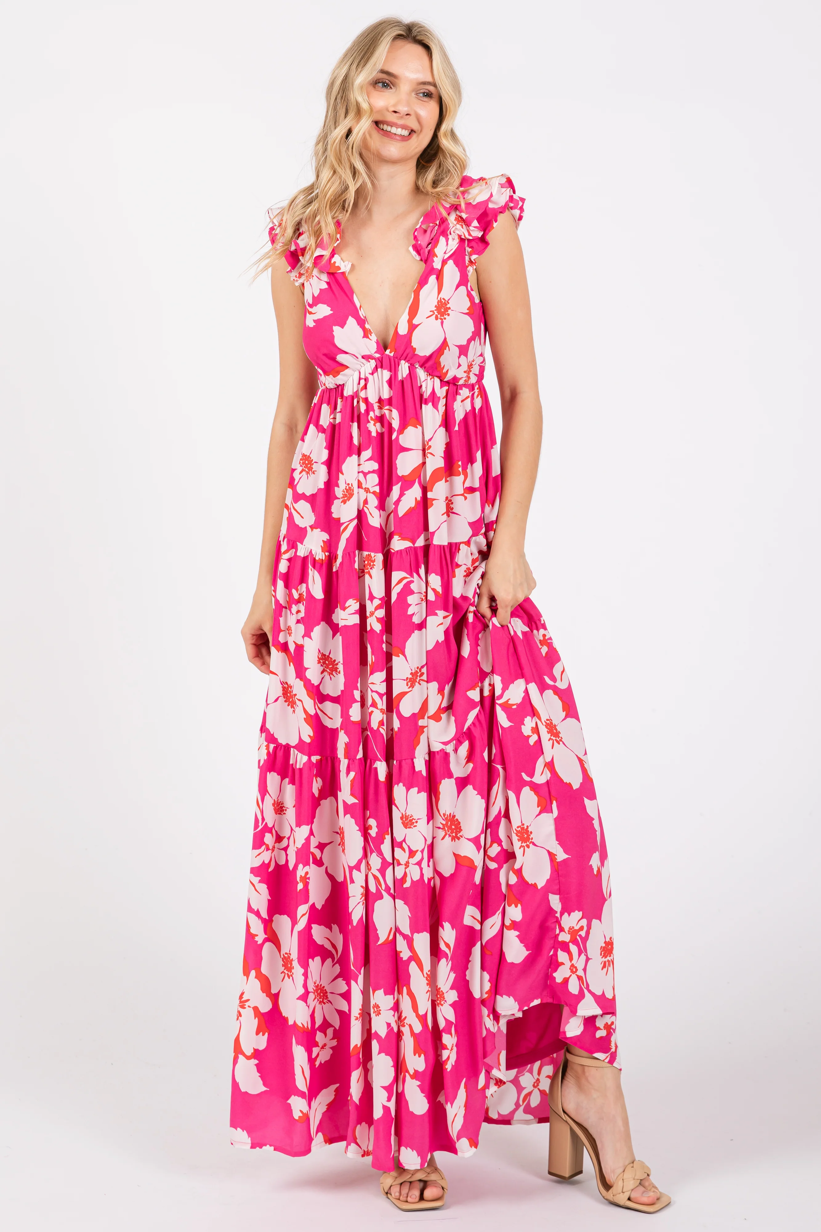 Fuchsia Floral Deep V-Neck Open Back Maxi Dress - Image 4