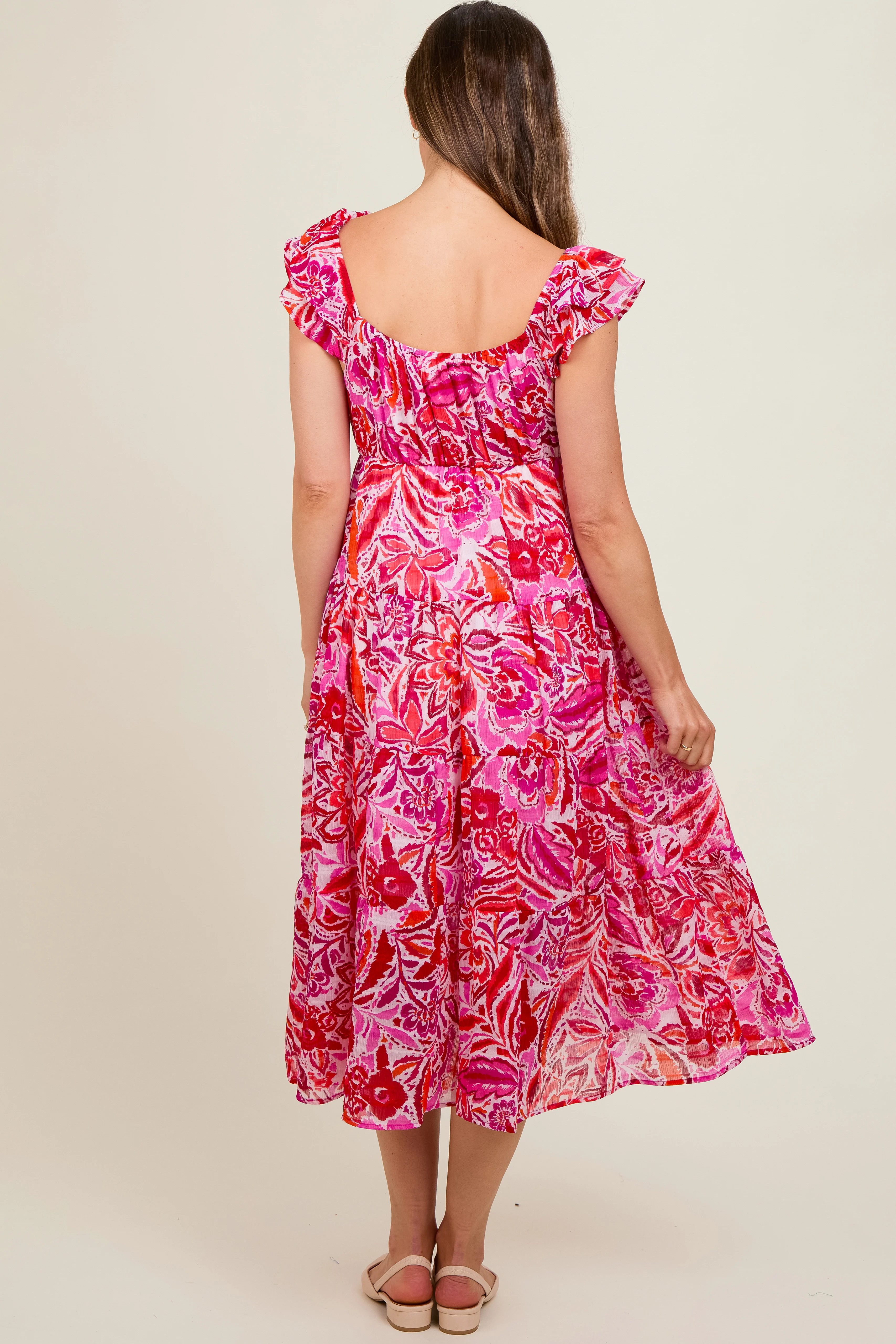 Fuchsia Floral Flutter Sleeve Maternity Dress - Image 4