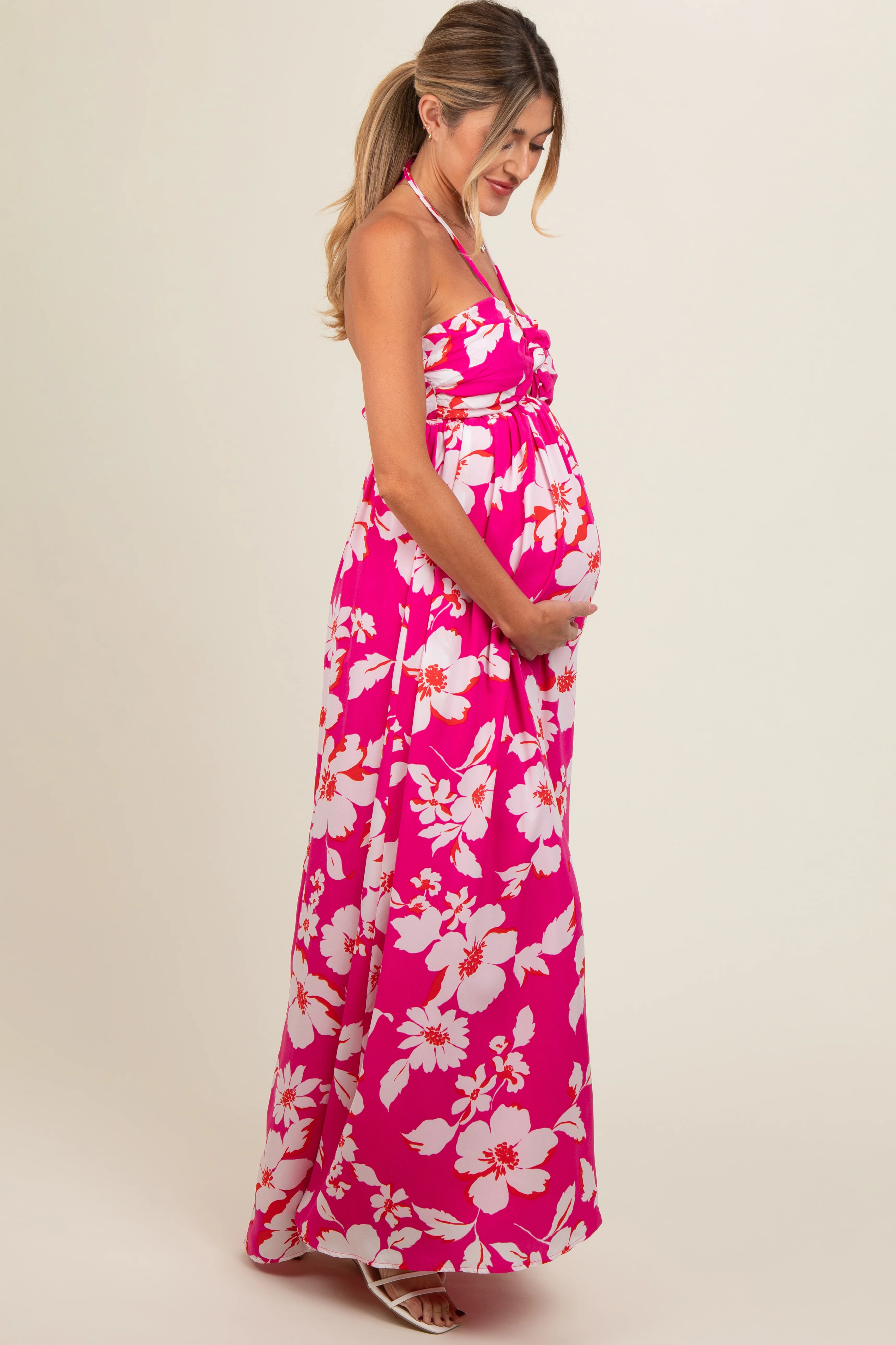 Fuchsia Floral Halter Neck Maternity Maxi Dress - Image 3