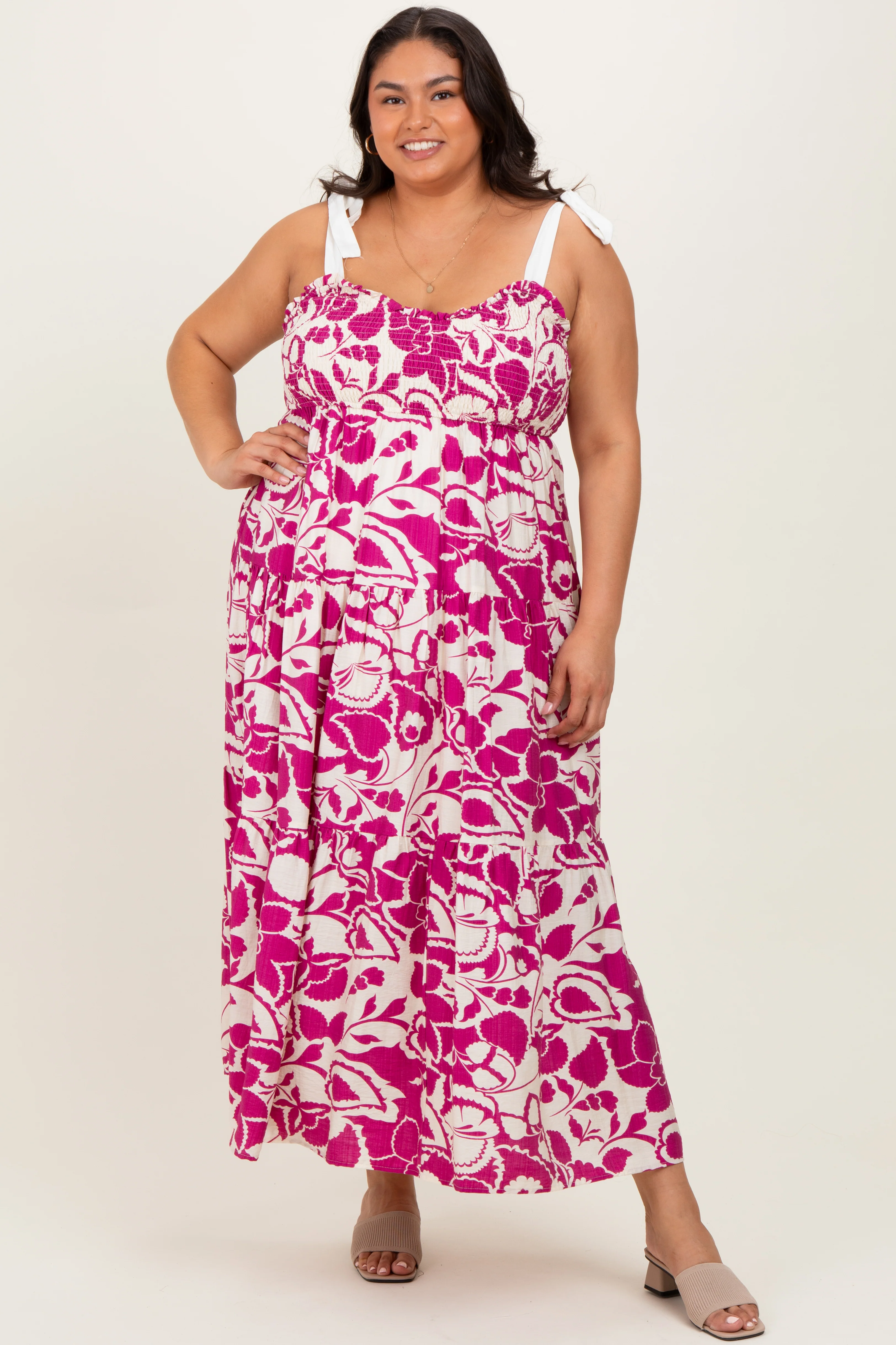 Fuchsia Floral Print Smocked Plus Maxi Dress - Image 2