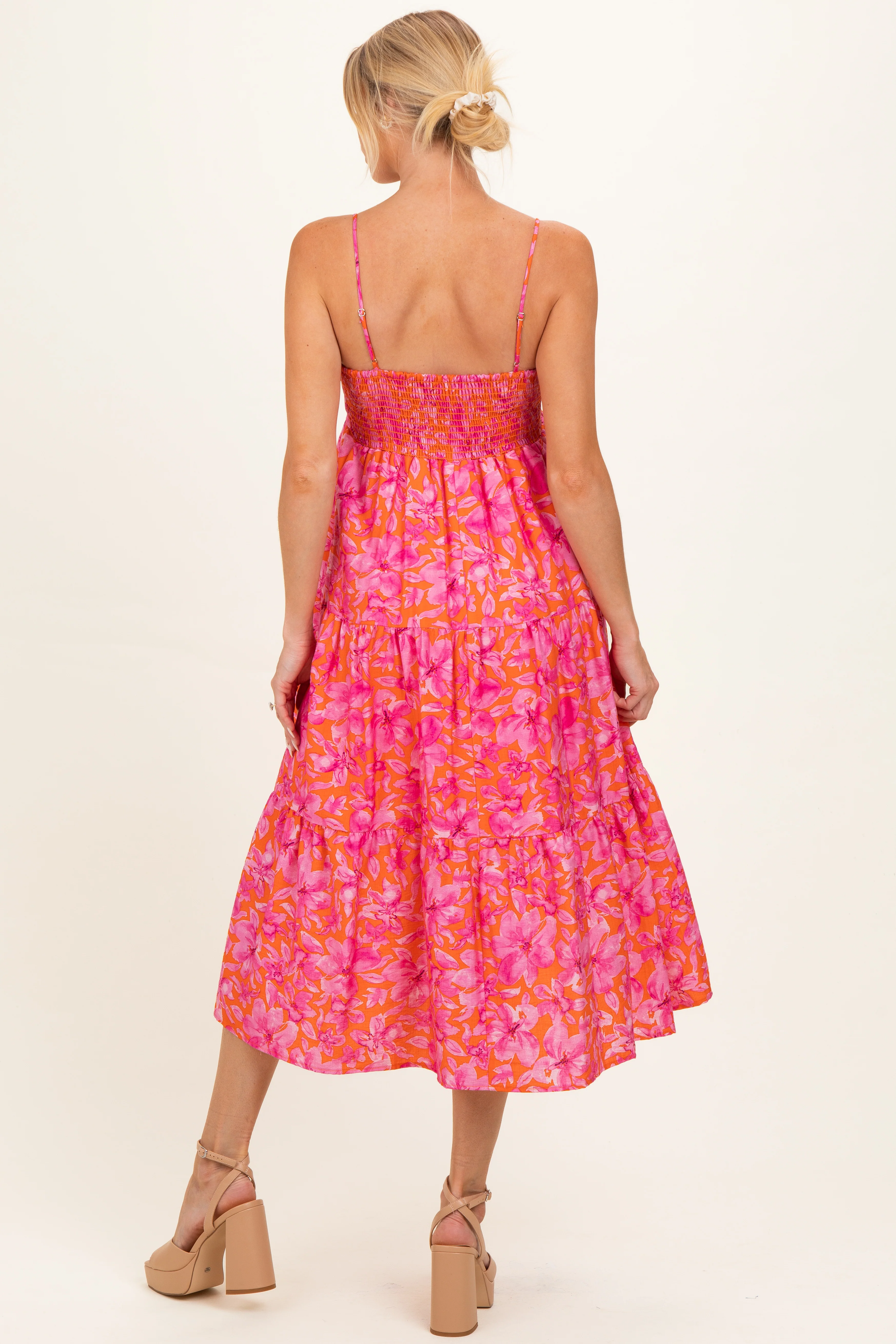 Fuchsia Floral Sleeveless Tiered Maternity Midi Dress - Image 3