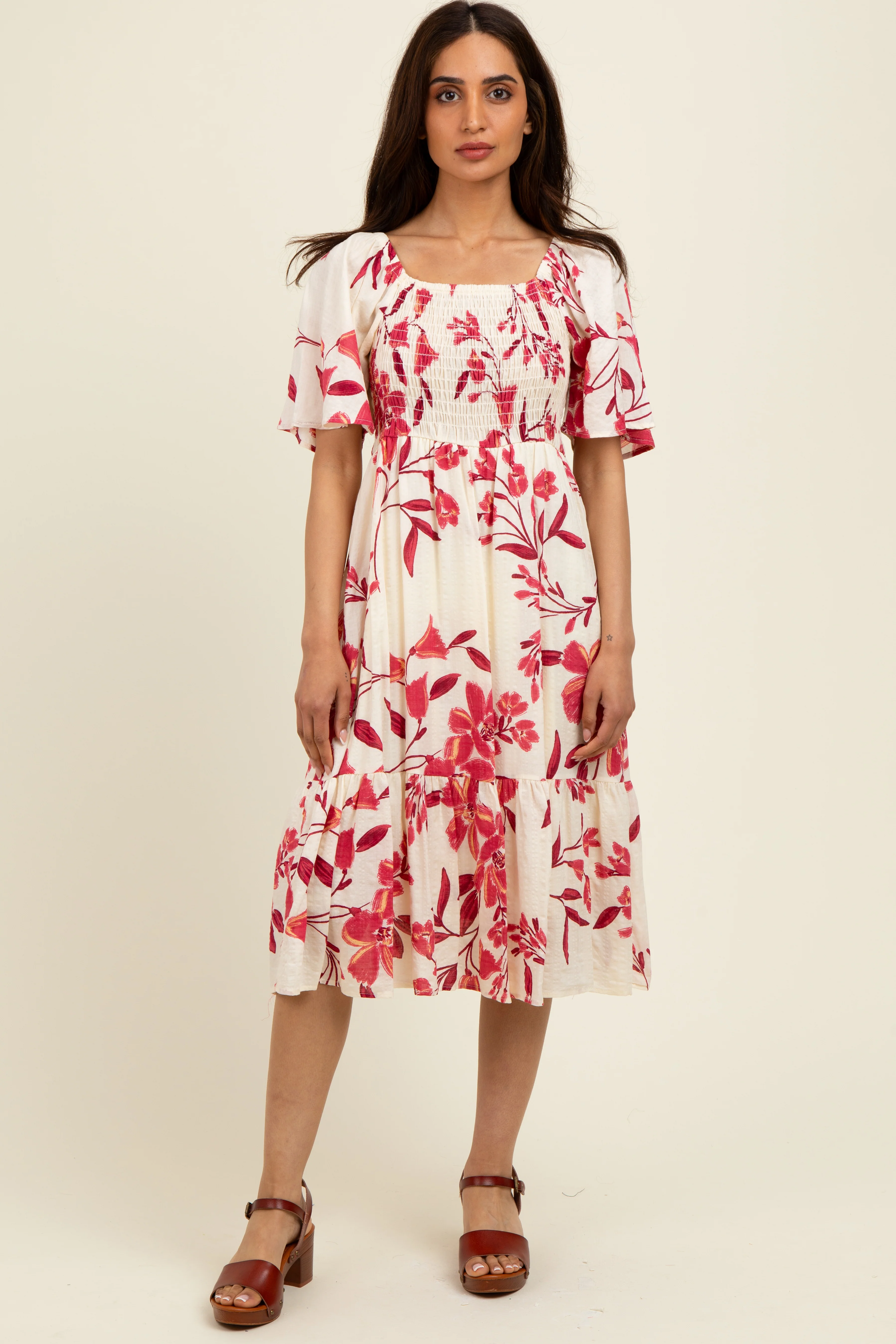 Fuchsia Floral Smocked Flutter Sleeve Midi Dress