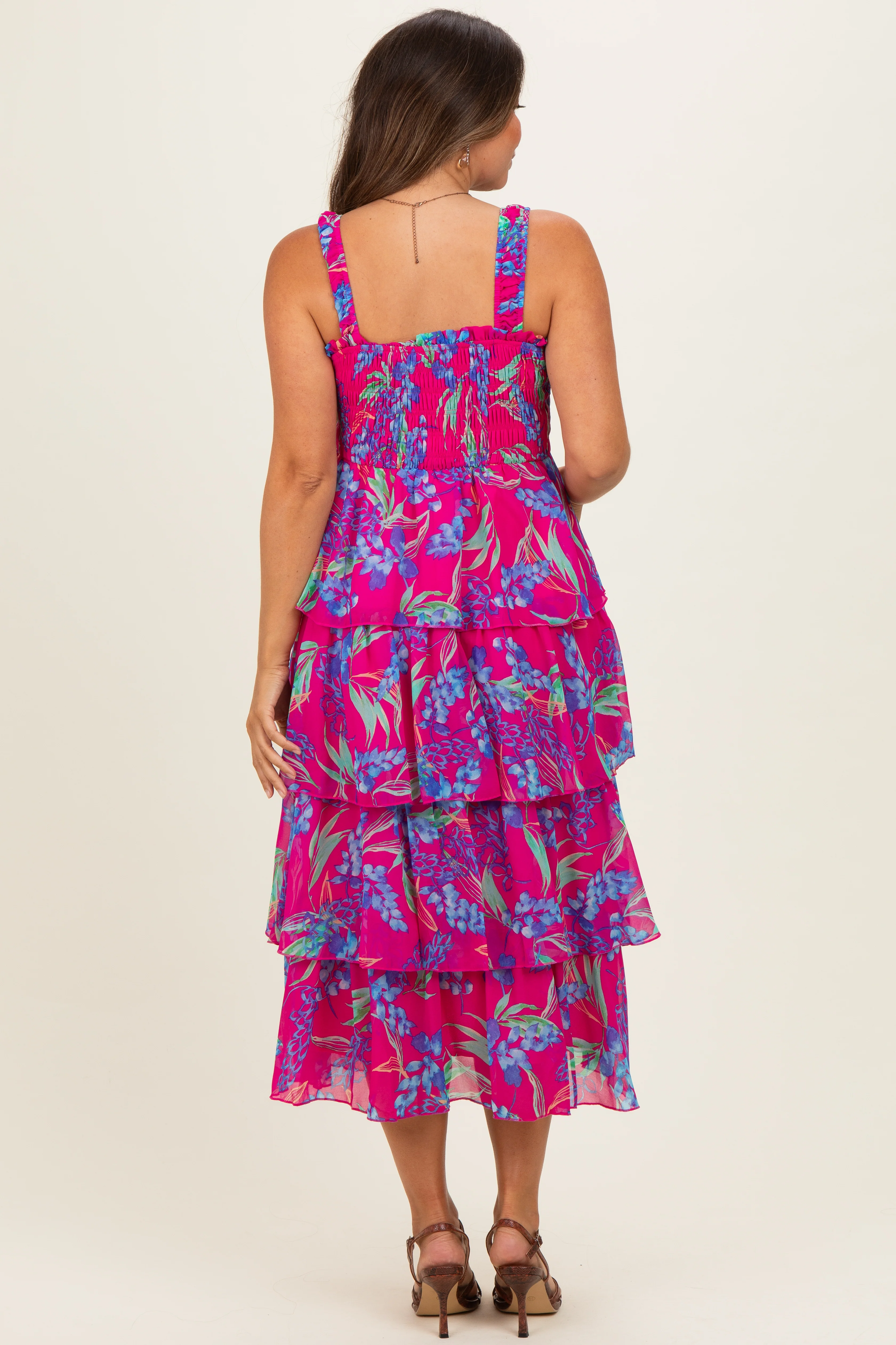Fuchsia Floral Smocked Tiered Maternity Midi Dress - Image 3