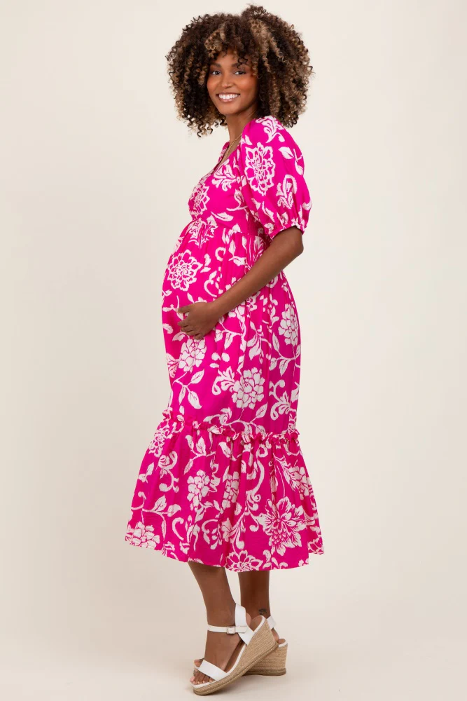 Fuchsia Floral Sweetheart Neckline Maternity Midi Dress - Image 2