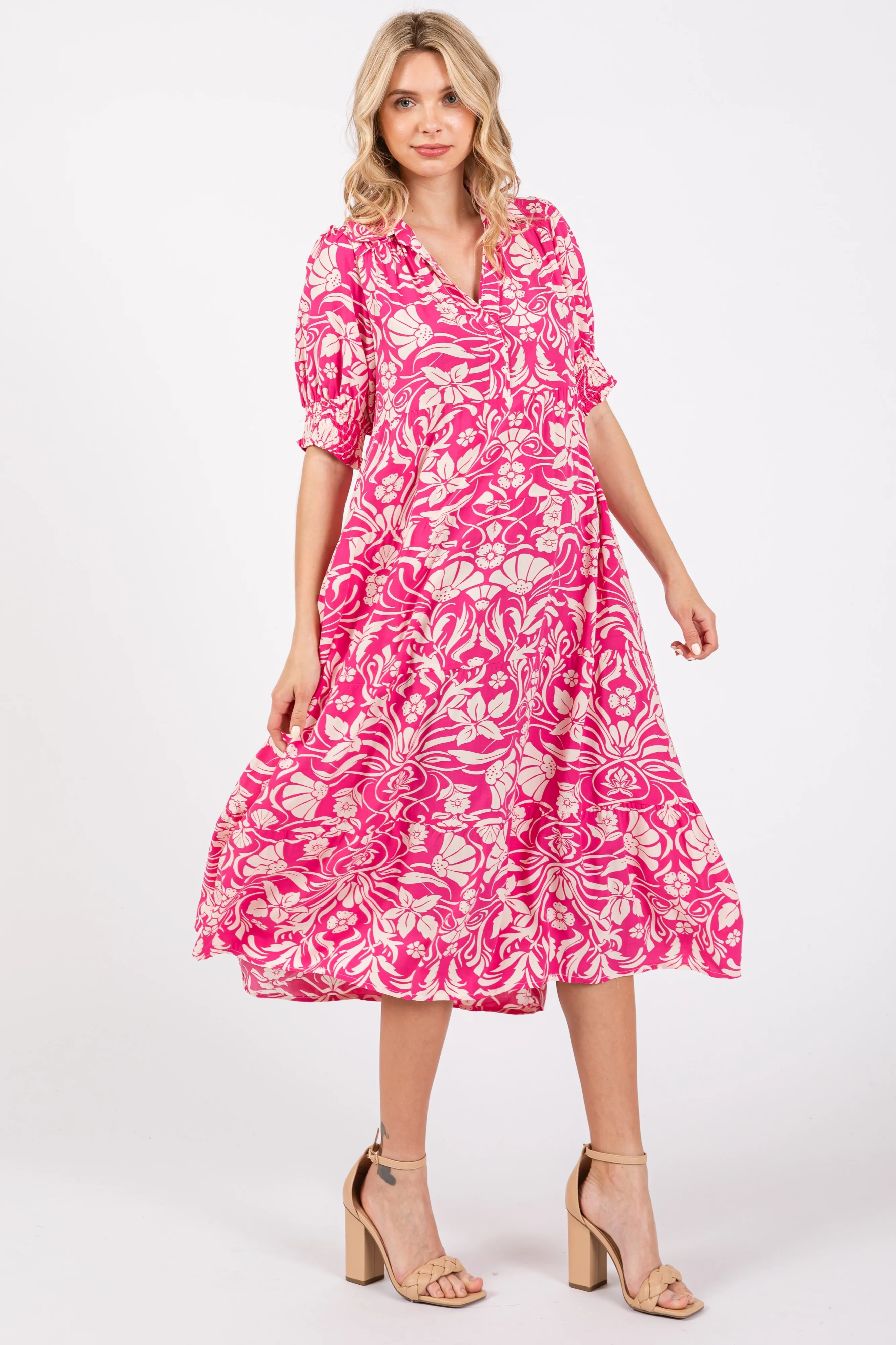 Fuchsia Floral V-Neck Tiered Maternity Midi Dress - Image 5