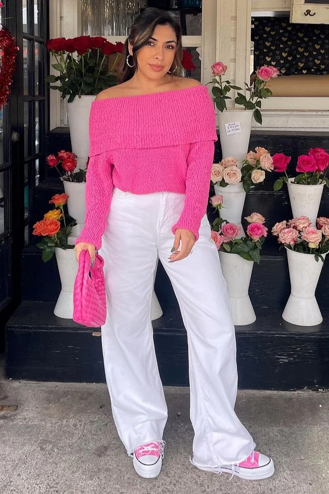 Fuchsia Foldover Off Shoulder Sweater - Image 10