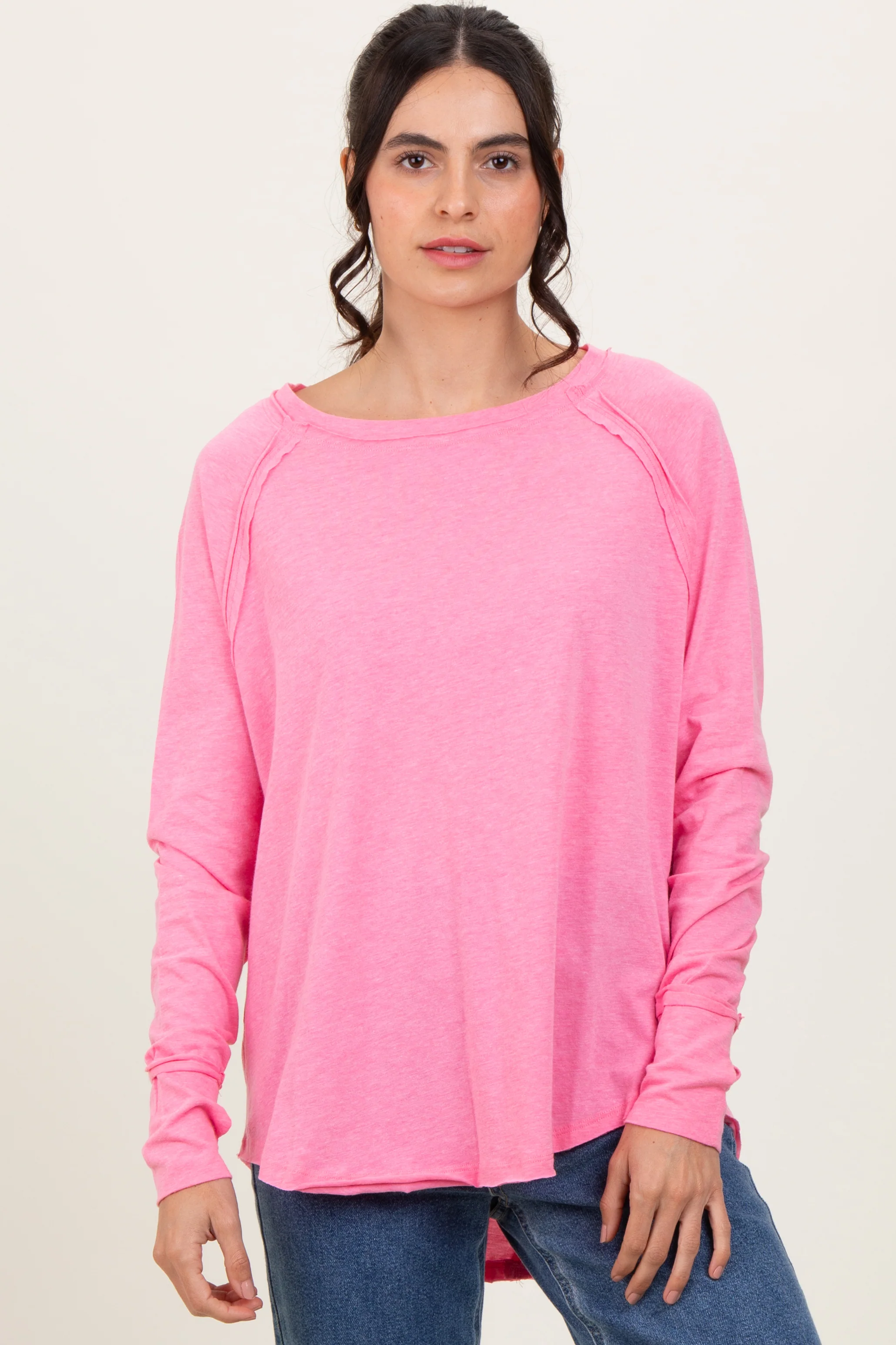 Fuchsia Heather Exposed Seam Long Sleeve Maternity Top - Image 5