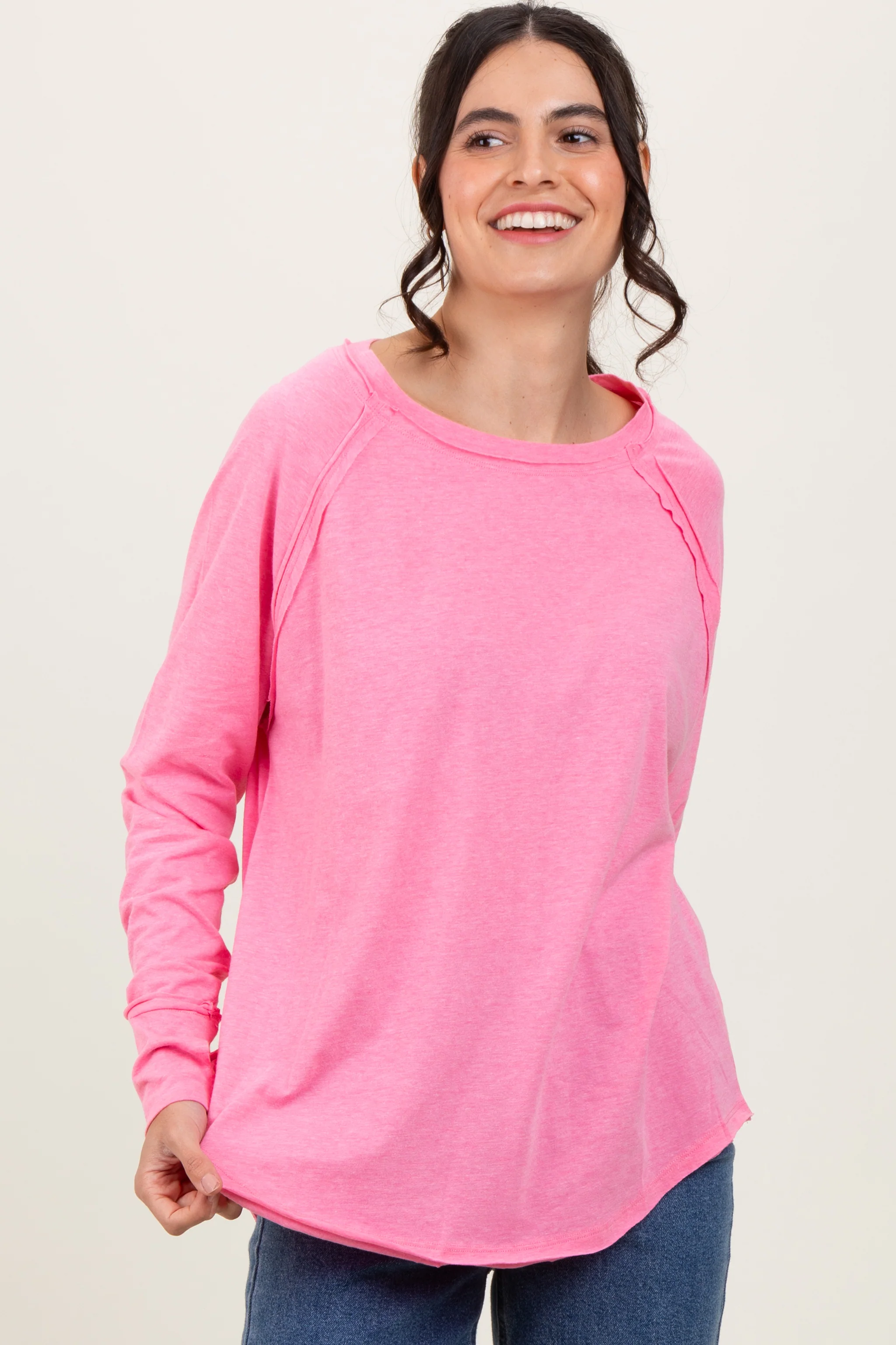 Fuchsia Heather Exposed Seam Long Sleeve Top - Image 2