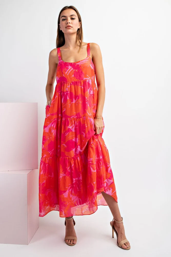Fuchsia Leaf Print Sleeveless Tiered Maternity Midi Dress - Image 7