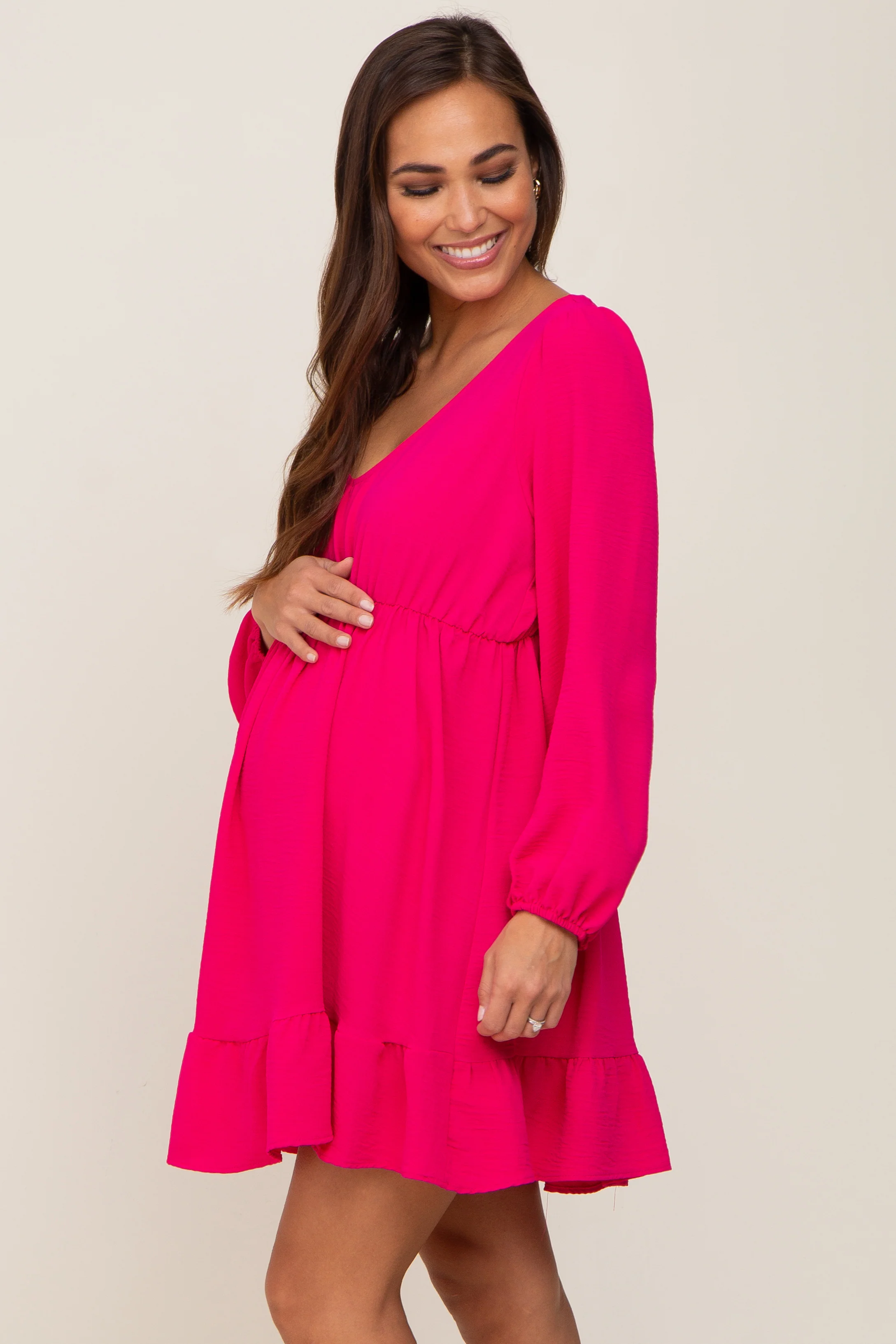 Fuchsia Long Sleeve Gathered Tier Maternity Dress - Image 2