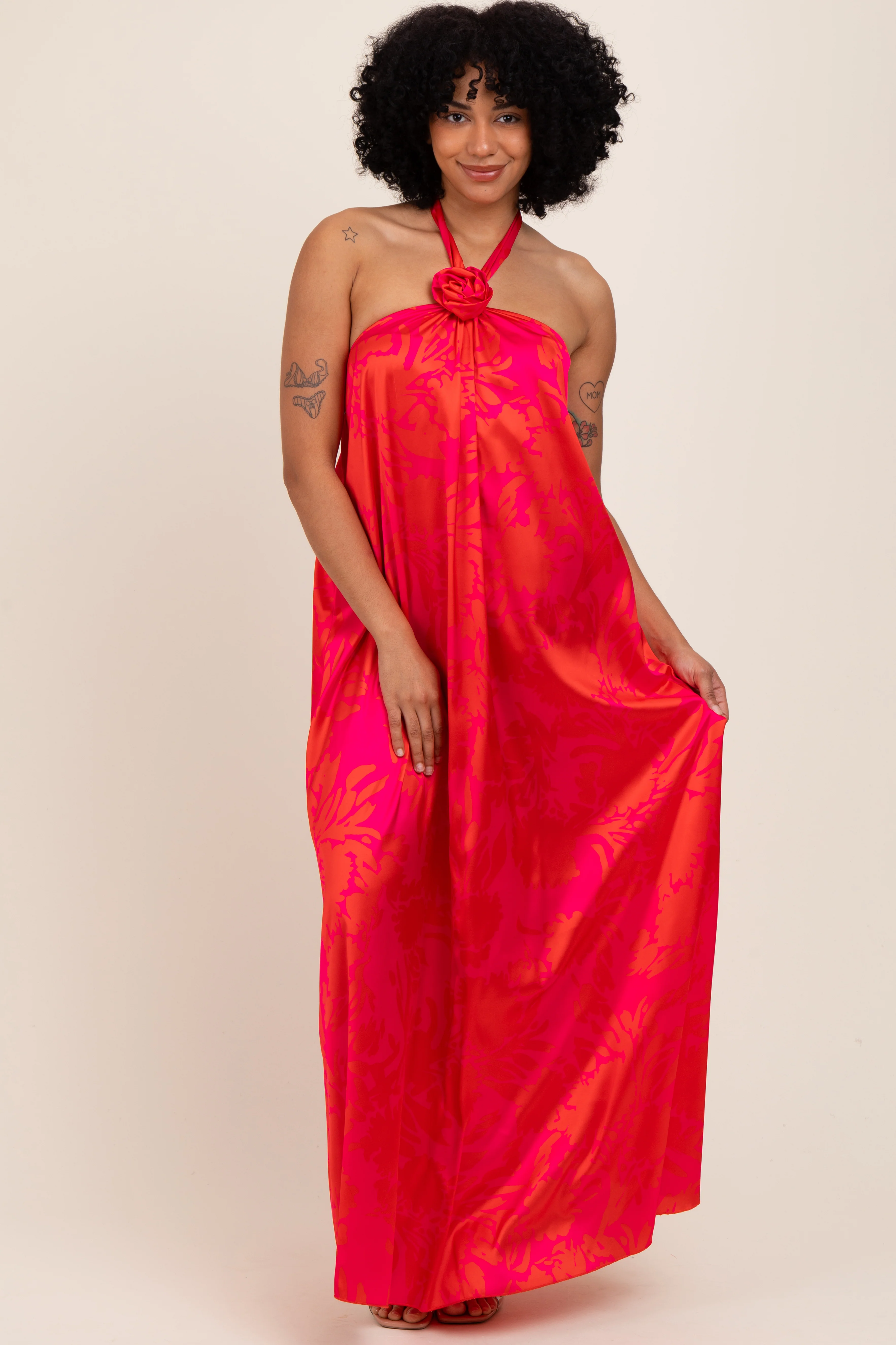 Fuchsia Multi Halter Flower Neck Accent Maternity Maxi Dress - Image 5