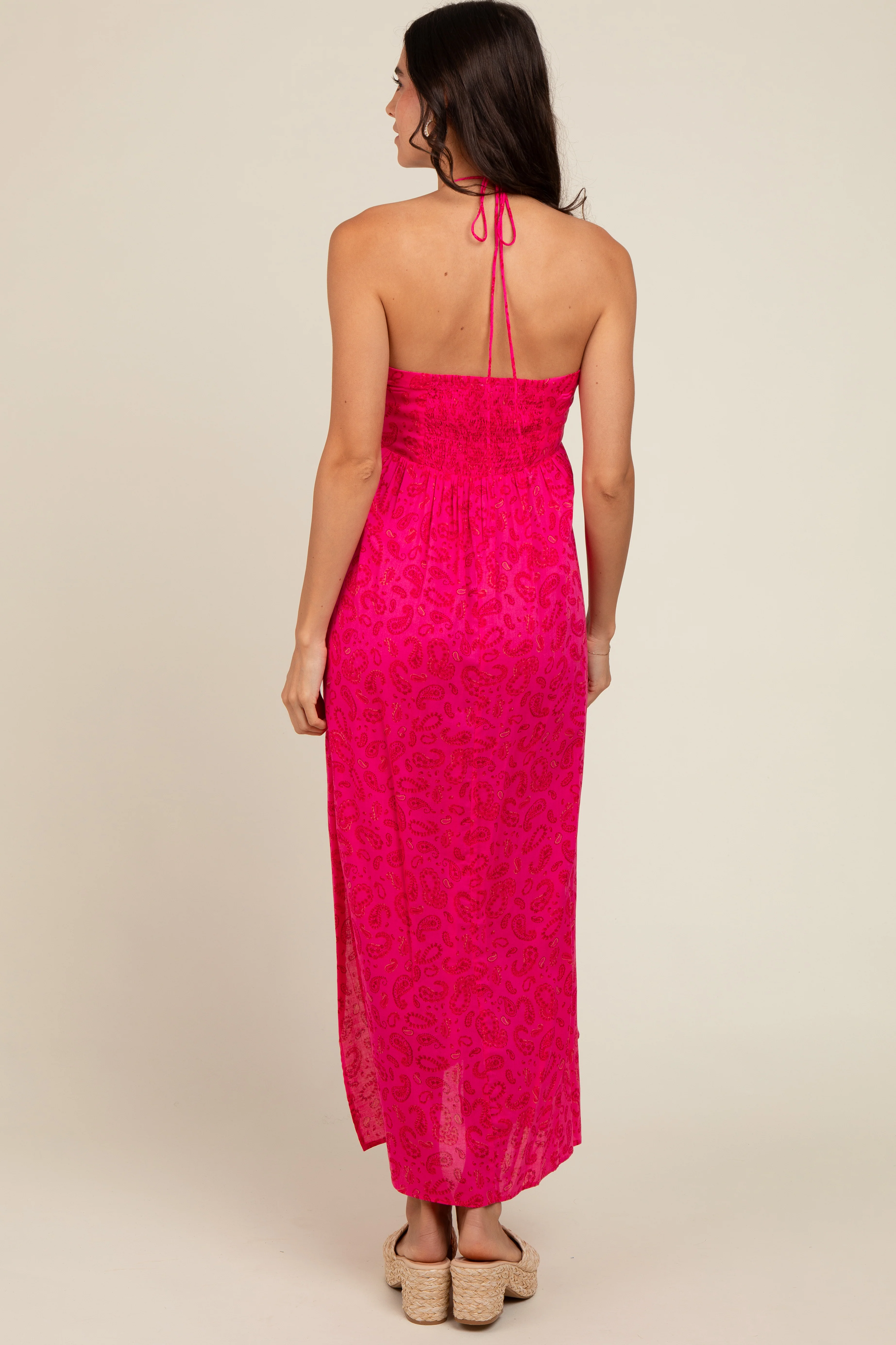 Fuchsia Paisley Print Halter Midi Dress - Image 4