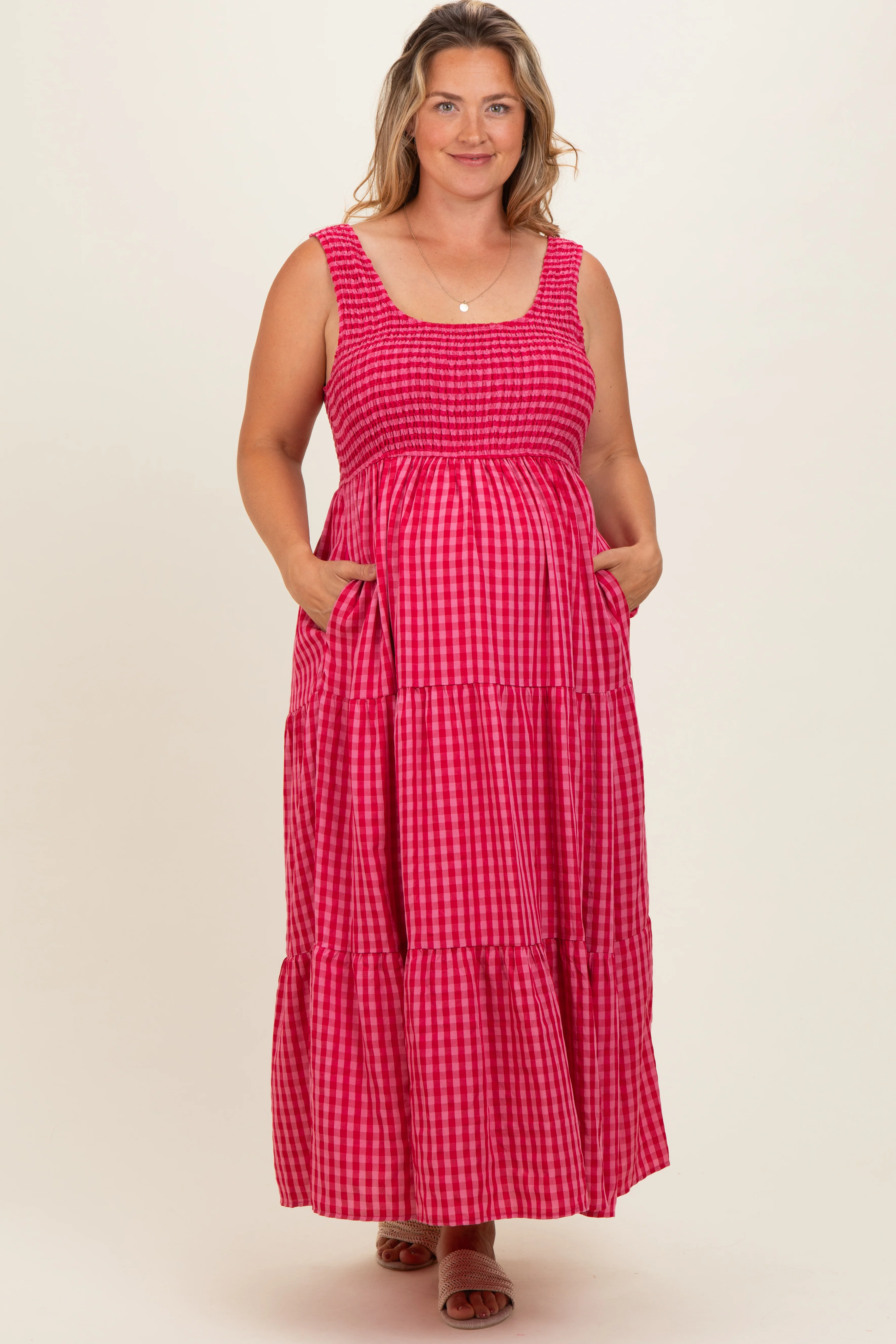 Fuchsia Plaid Tiered Maternity Plus Maxi Dress