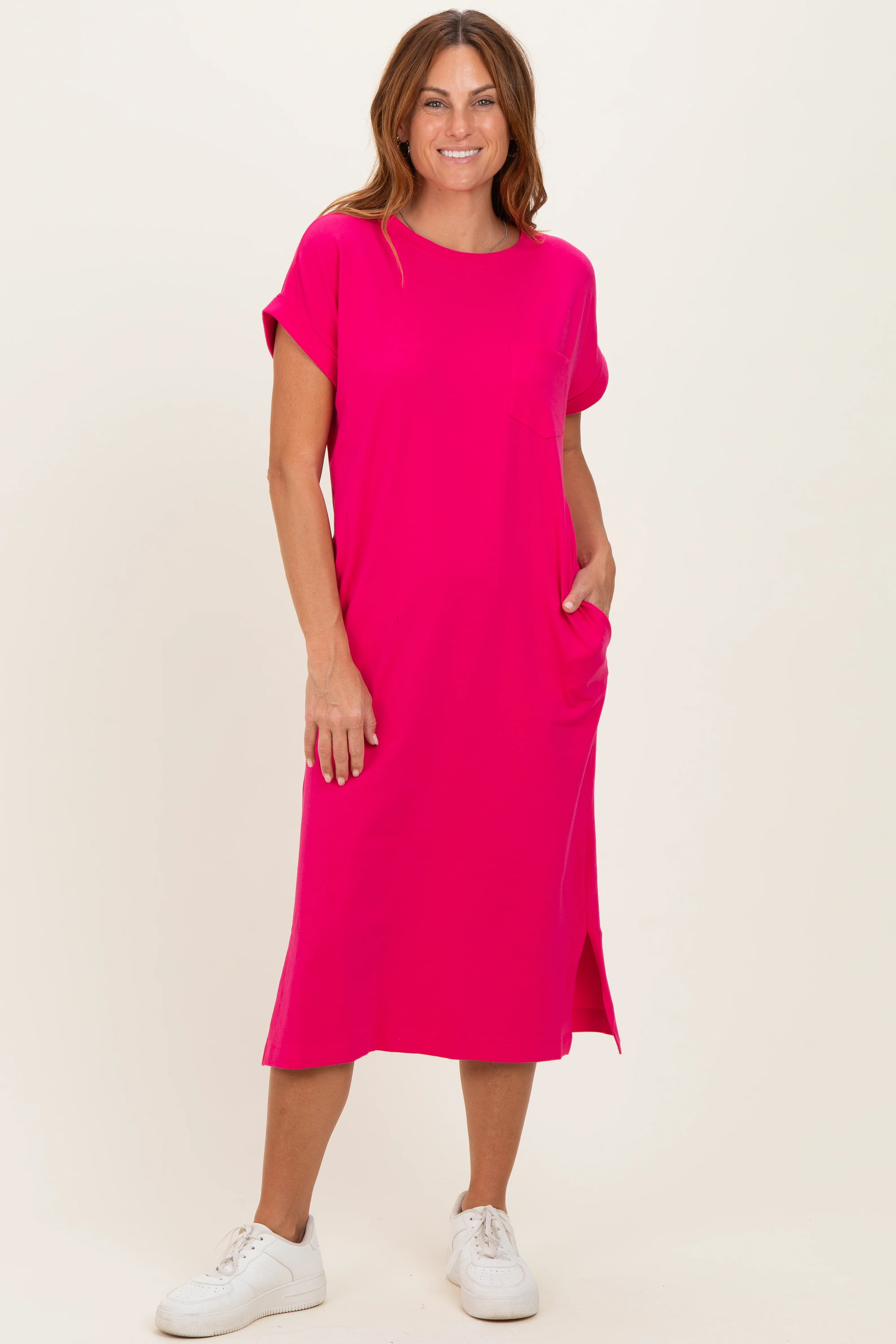 Fuchsia Pocket Front Maternity Midi T-Shirt Dress - Image 4
