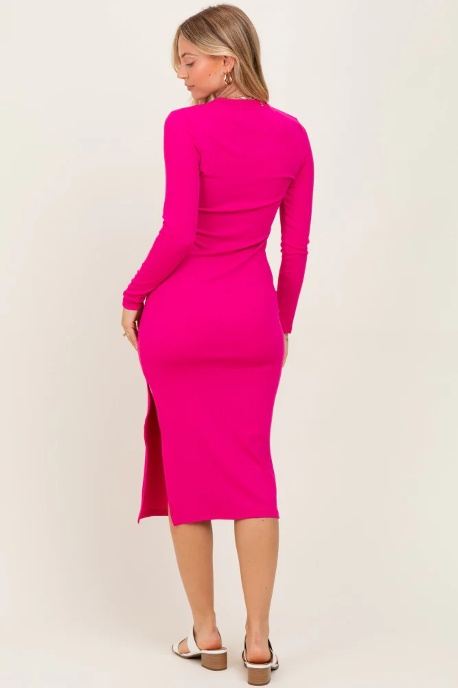 Fuchsia Ribbed Mock Neck Long Sleeve Midi Dress - Image 4