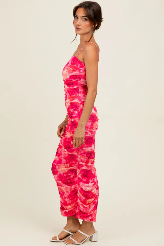 Fuchsia Rose Floral Mesh Sleeveless Ruched Dress - Image 3