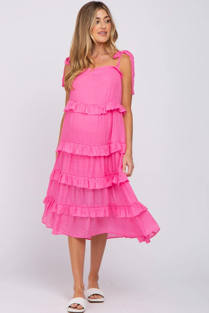Fuchsia Ruffle Tiered Maternity Midi Dress - Image 6