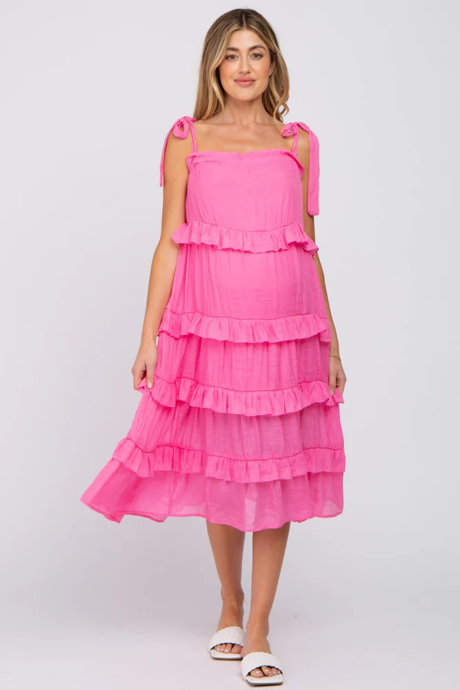 Fuchsia Ruffle Tiered Maternity Midi Dress - Image 7