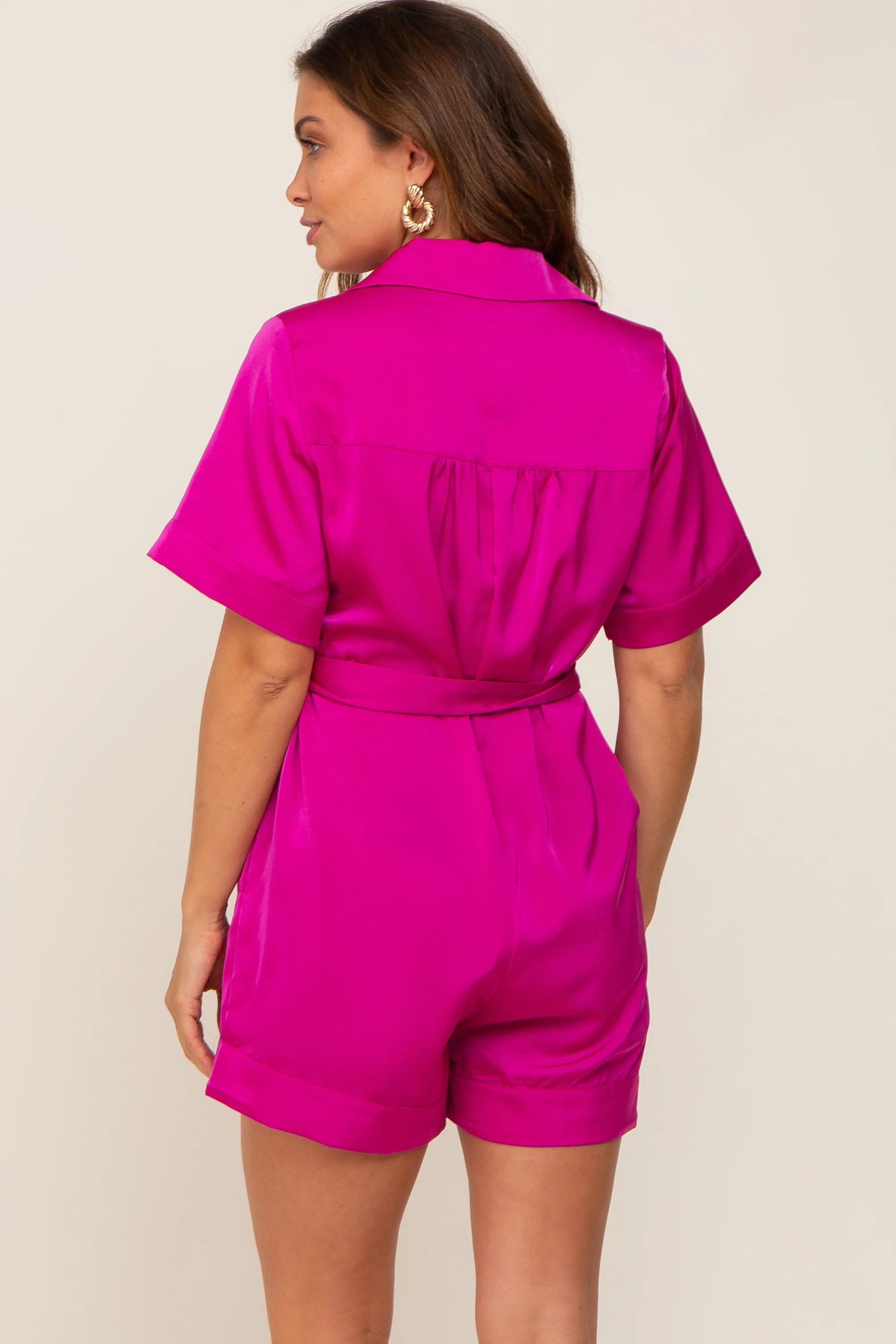 Fuchsia Satin Button Down Maternity Romper - Image 3