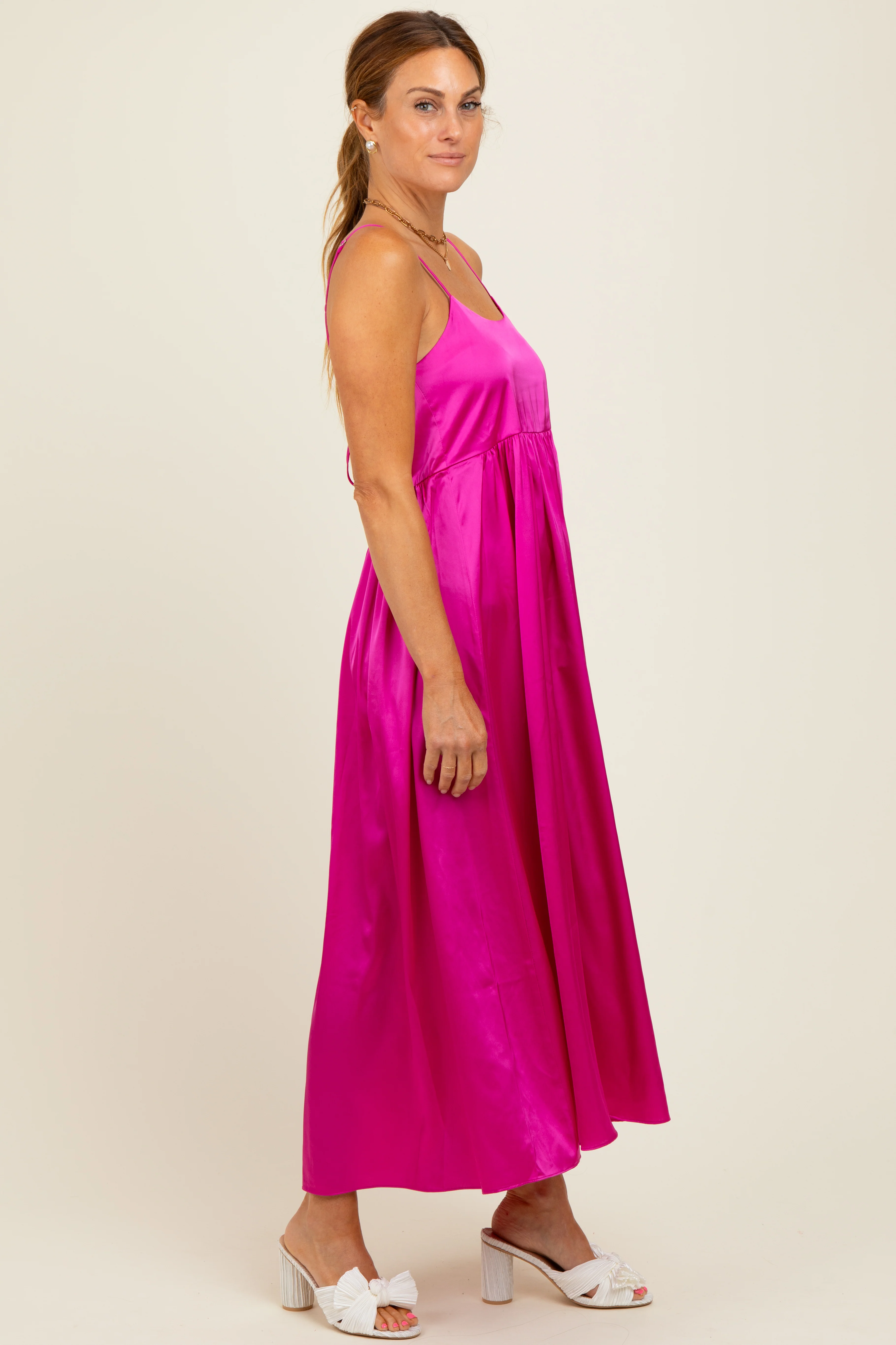 Fuchsia Satin Sleeveless Tie-Back Midi Dress - Image 3