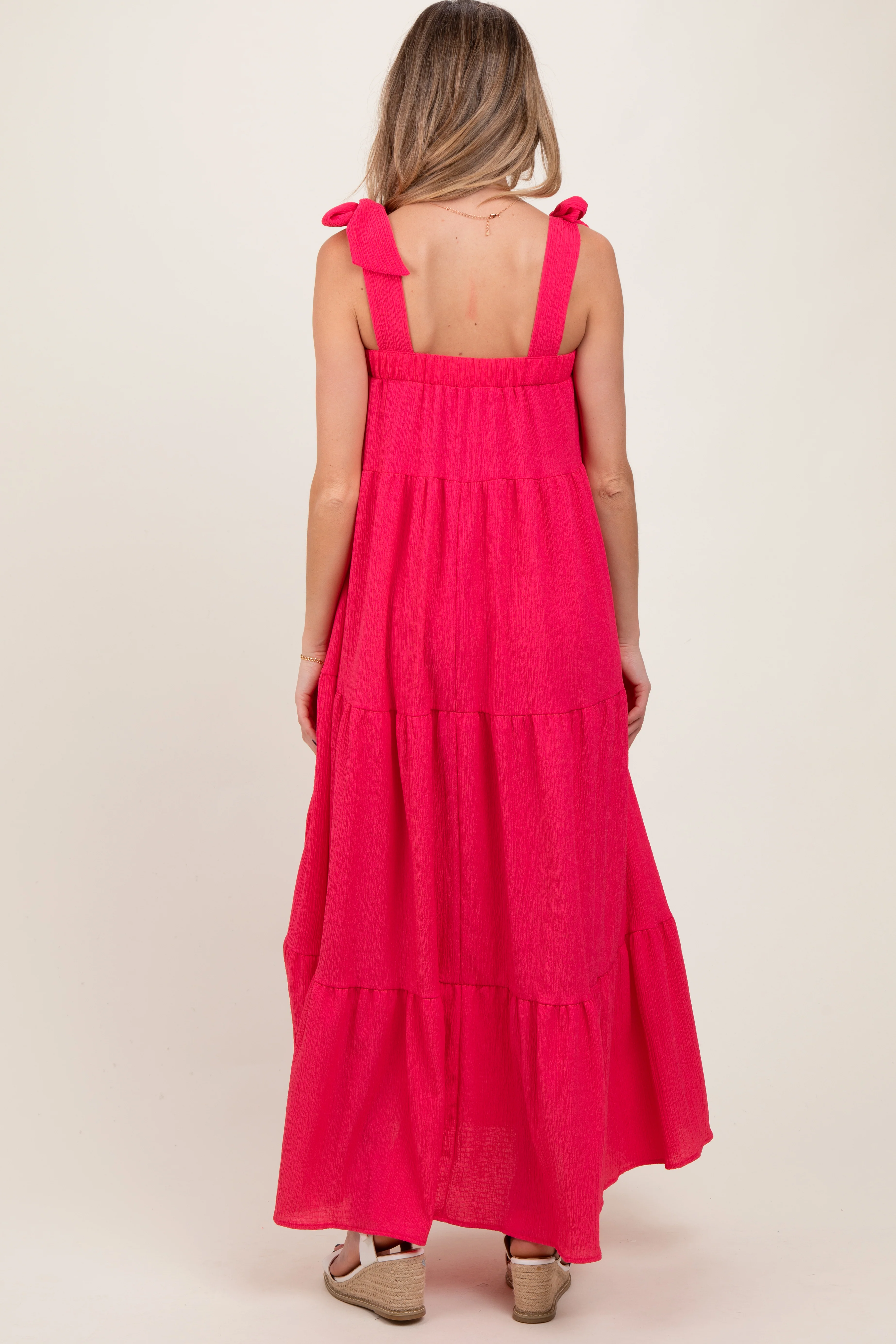 Fuchsia Shoulder Tie Tiered Maternity Maxi Dress - Image 3