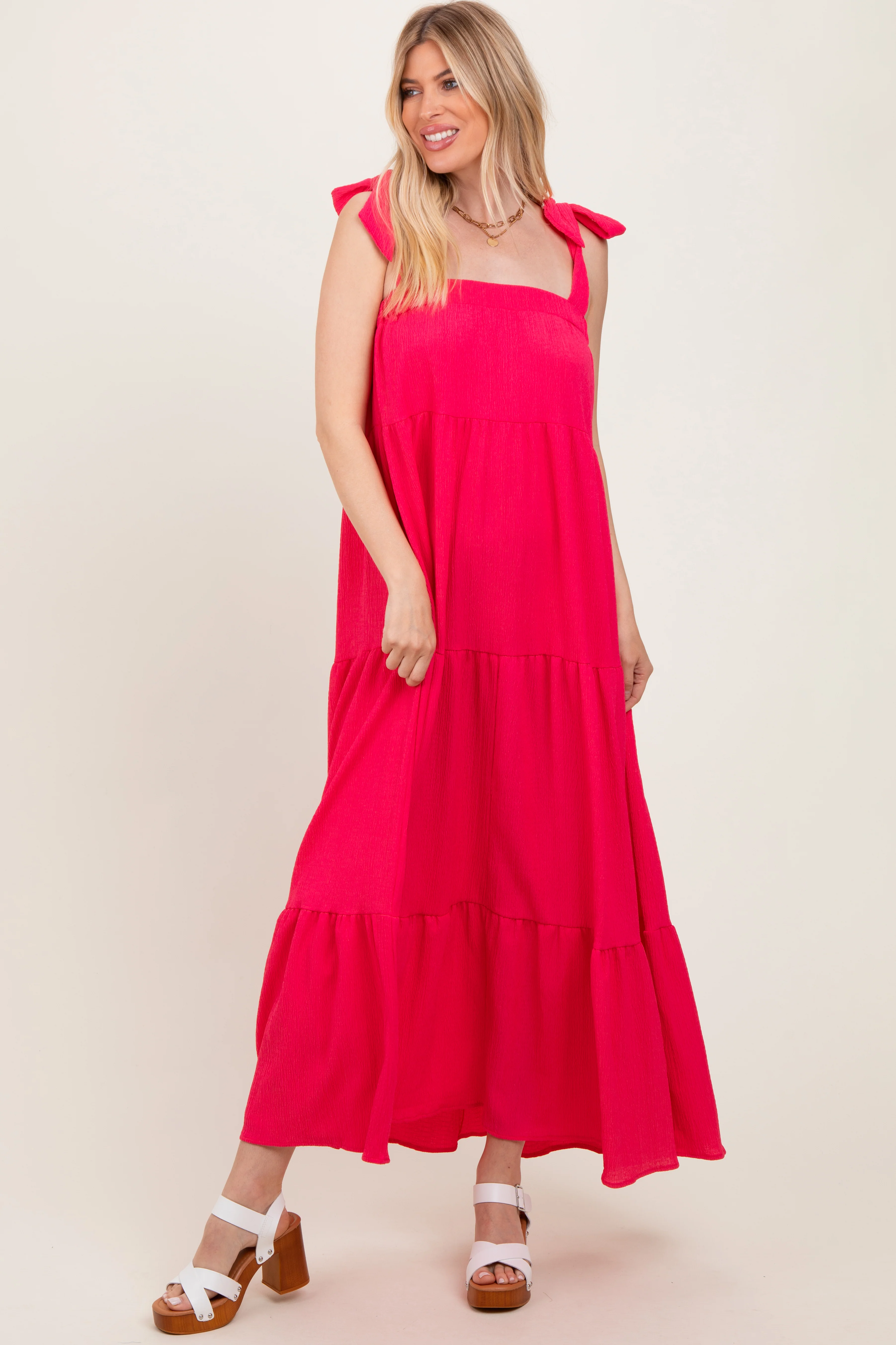 Fuchsia Shoulder Tie Tiered Maternity Maxi Dress - Image 4